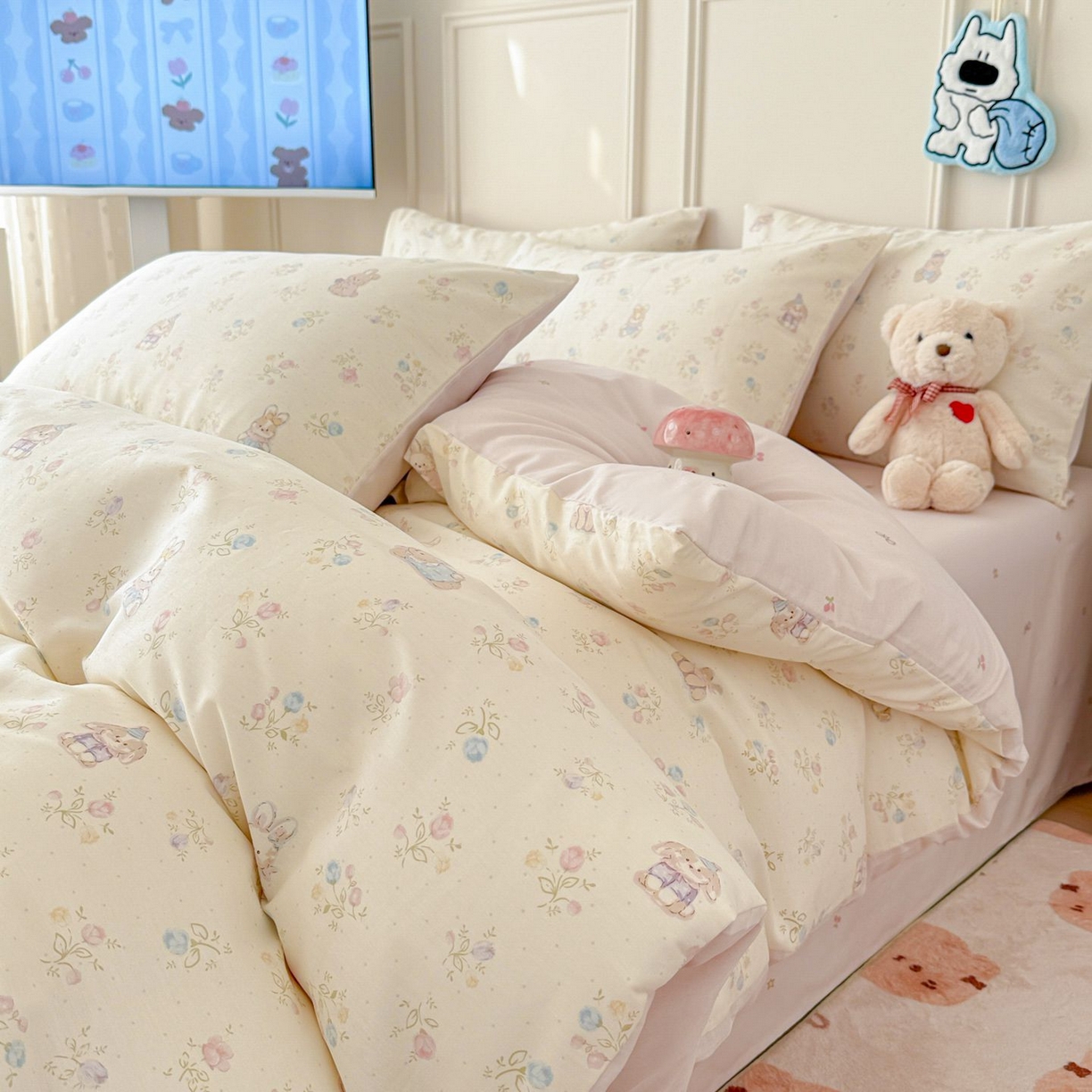 91家纺网 家纺一手货源 找家纺 女子家纺 2026新款全棉12868卡通印花四件套大耳朵兔兔系列 兔叽碎花