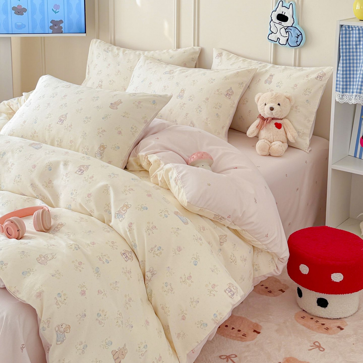 91家纺网 家纺一手货源 找家纺 女子家纺 2026新款全棉12868卡通印花四件套大耳朵兔兔系列 兔叽碎花