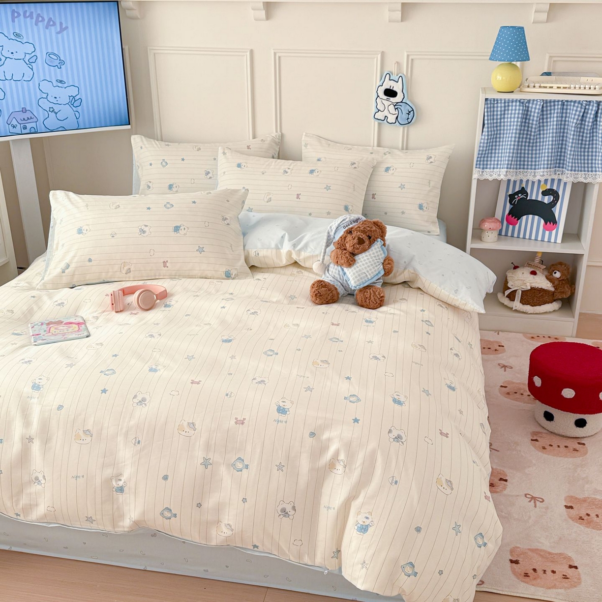 91家纺网 家纺一手货源 找家纺 女子家纺 2026新款全棉12868卡通印花四件套大耳朵兔兔系列 线条蓝猫咪