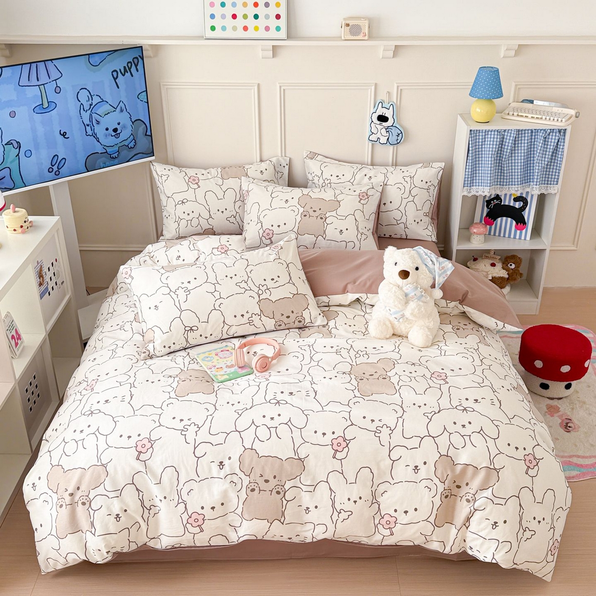 女子家纺 2026新款全棉12868卡通印花四件套大耳朵兔兔系列 小熊涂鸦