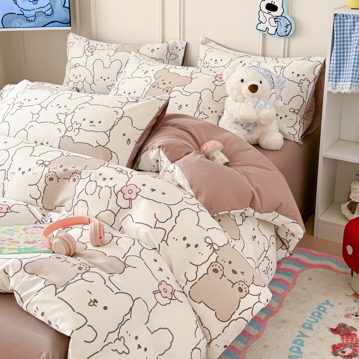 91家纺网 家纺一手货源 找家纺 女子家纺 2026新款全棉12868卡通印花四件套大耳朵兔兔系列 小熊涂鸦