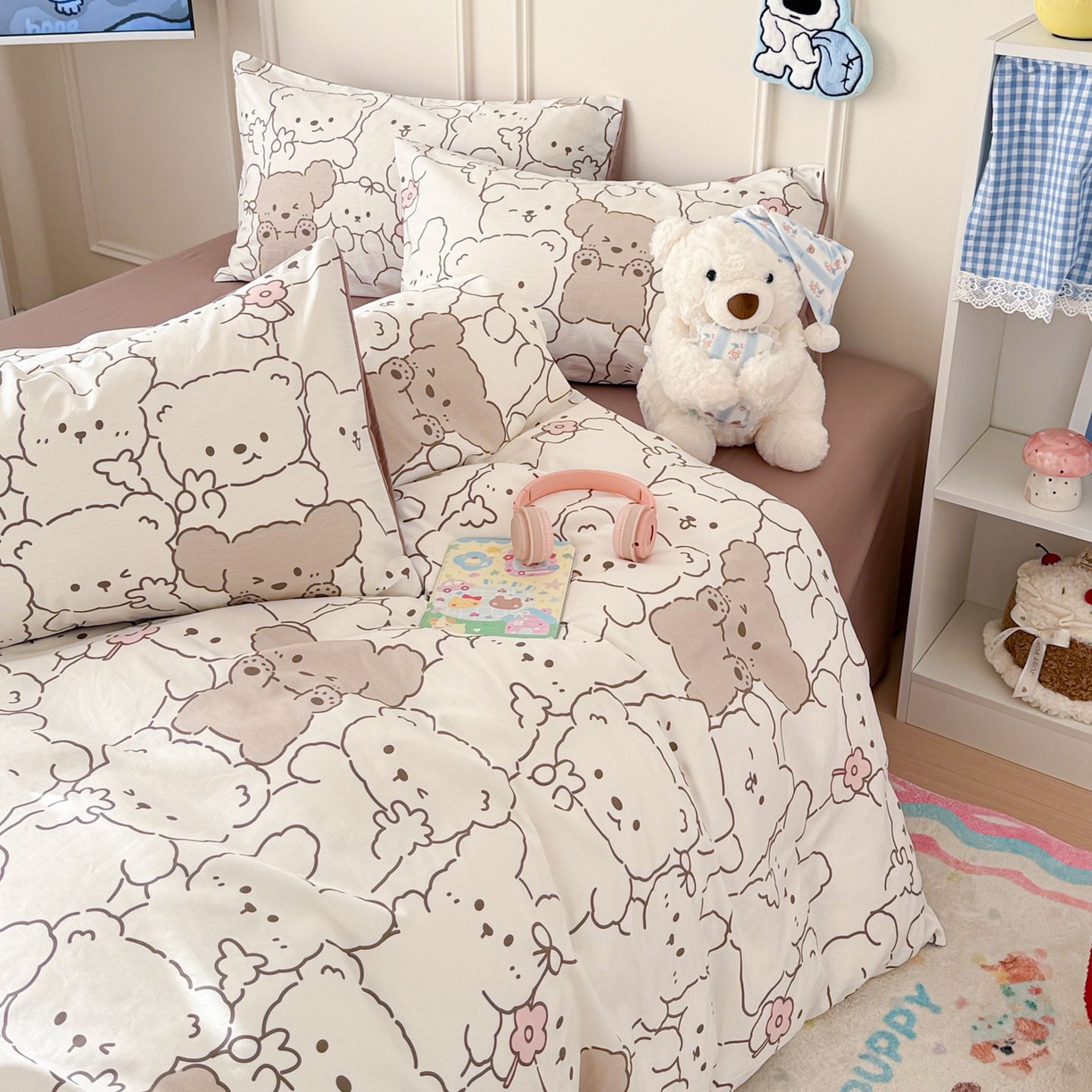 91家纺网 家纺一手货源 找家纺 女子家纺 2026新款全棉12868卡通印花四件套大耳朵兔兔系列 小熊涂鸦