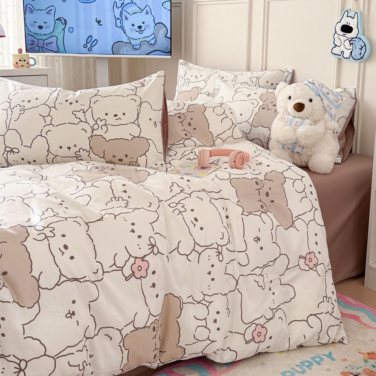 91家纺网 家纺一手货源 找家纺 女子家纺 2026新款全棉12868卡通印花四件套大耳朵兔兔系列 小熊涂鸦