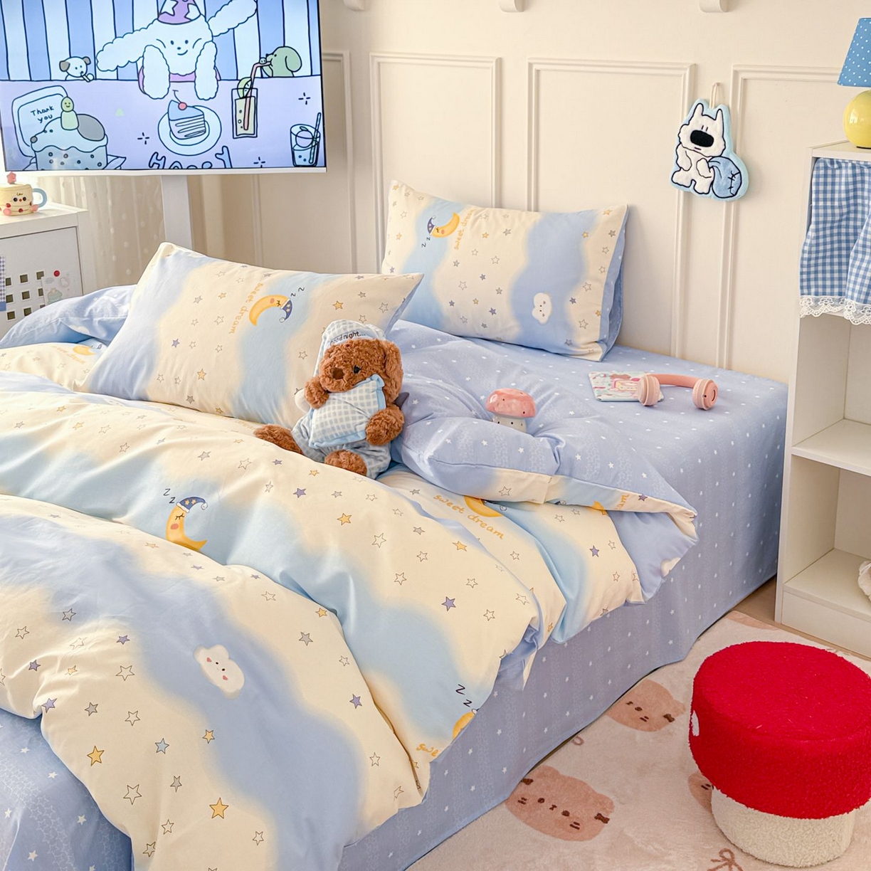 91家纺网 家纺一手货源 找家纺 女子家纺 2026新款全棉12868卡通印花四件套大耳朵兔兔系列 星夜星浪