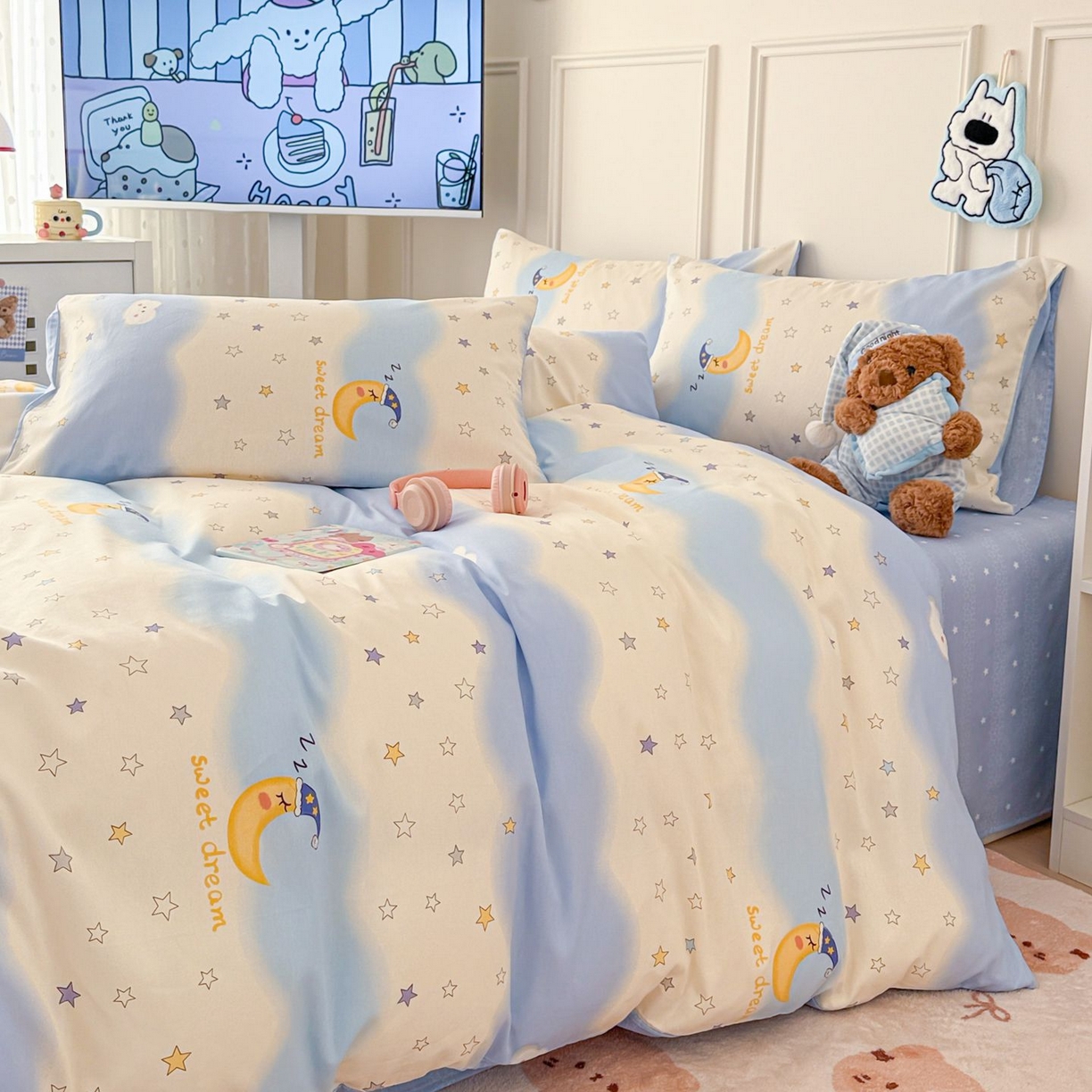 91家纺网 家纺一手货源 找家纺 女子家纺 2026新款全棉12868卡通印花四件套大耳朵兔兔系列 星夜星浪