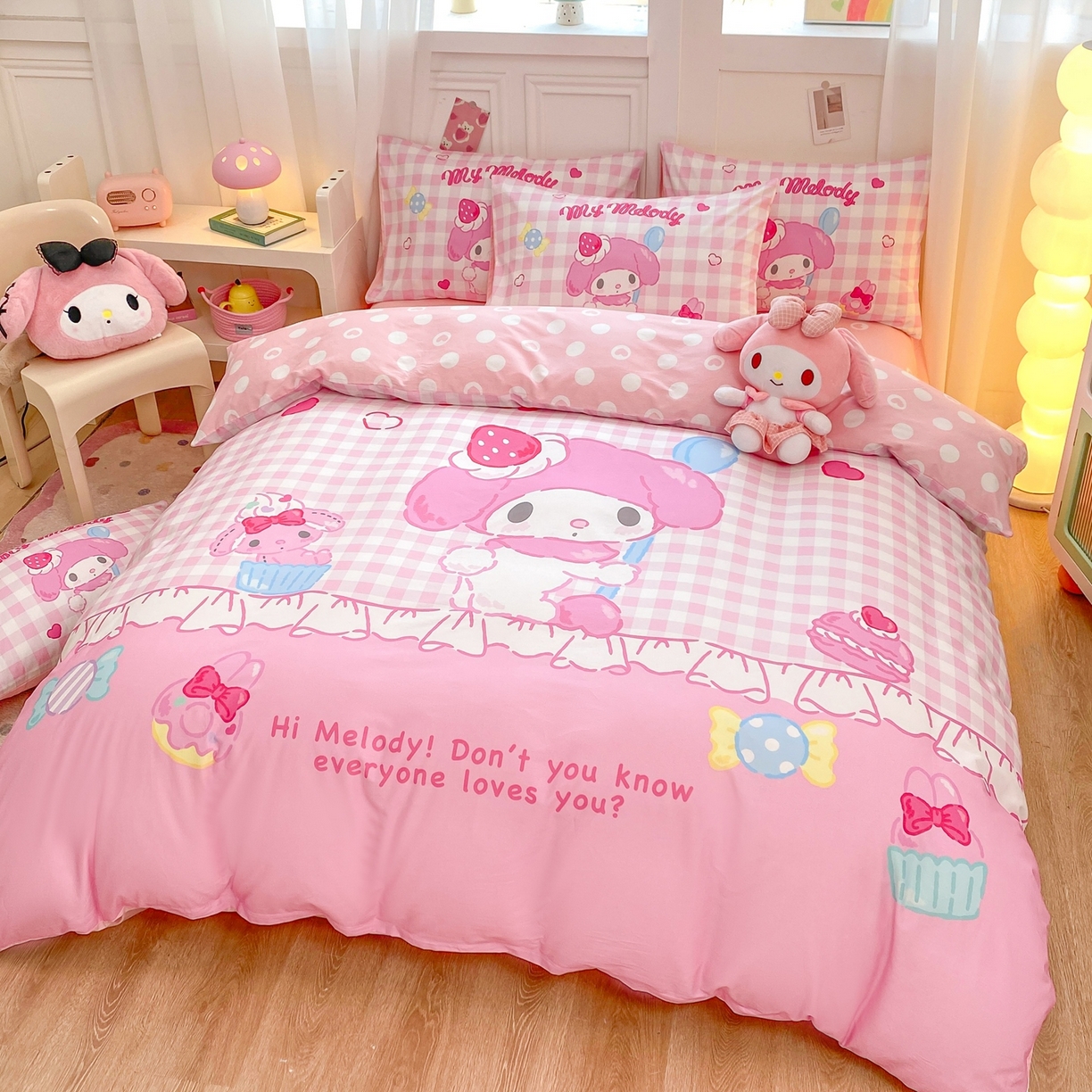 91家纺网 家纺一手货源 找家纺 博雅 2026春夏新款三丽鸥新花型全棉纯棉大版印花四件套 马卡龙美乐蒂