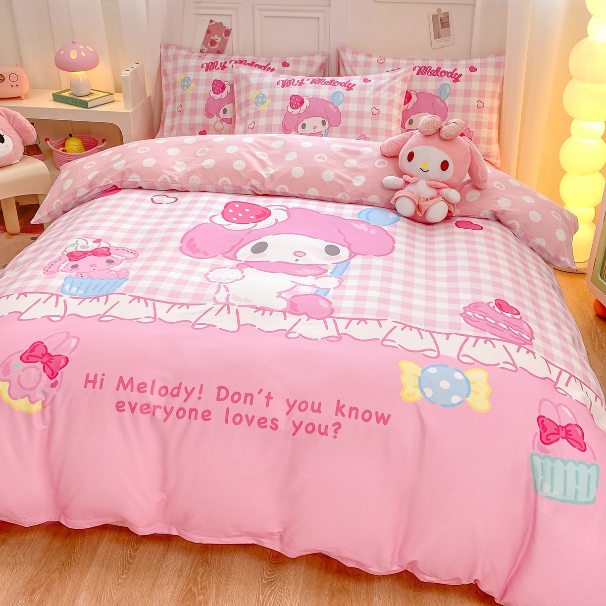 91家纺网 家纺一手货源 找家纺 博雅 2026春夏新款三丽鸥新花型全棉纯棉大版印花四件套 马卡龙美乐蒂