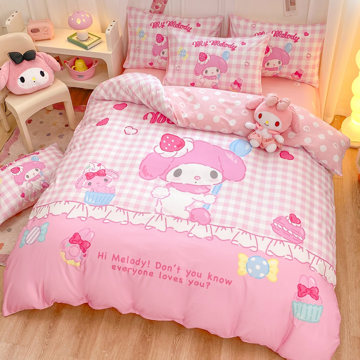 91家纺网 家纺一手货源 找家纺 博雅 2026春夏新款三丽鸥新花型全棉纯棉大版印花四件套 马卡龙美乐蒂