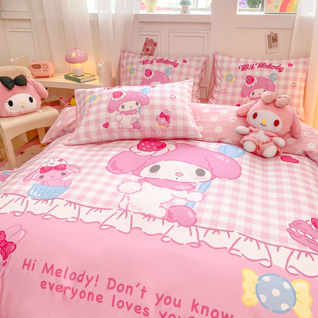 91家纺网 家纺一手货源 找家纺 博雅 2026春夏新款三丽鸥新花型全棉纯棉大版印花四件套 马卡龙美乐蒂