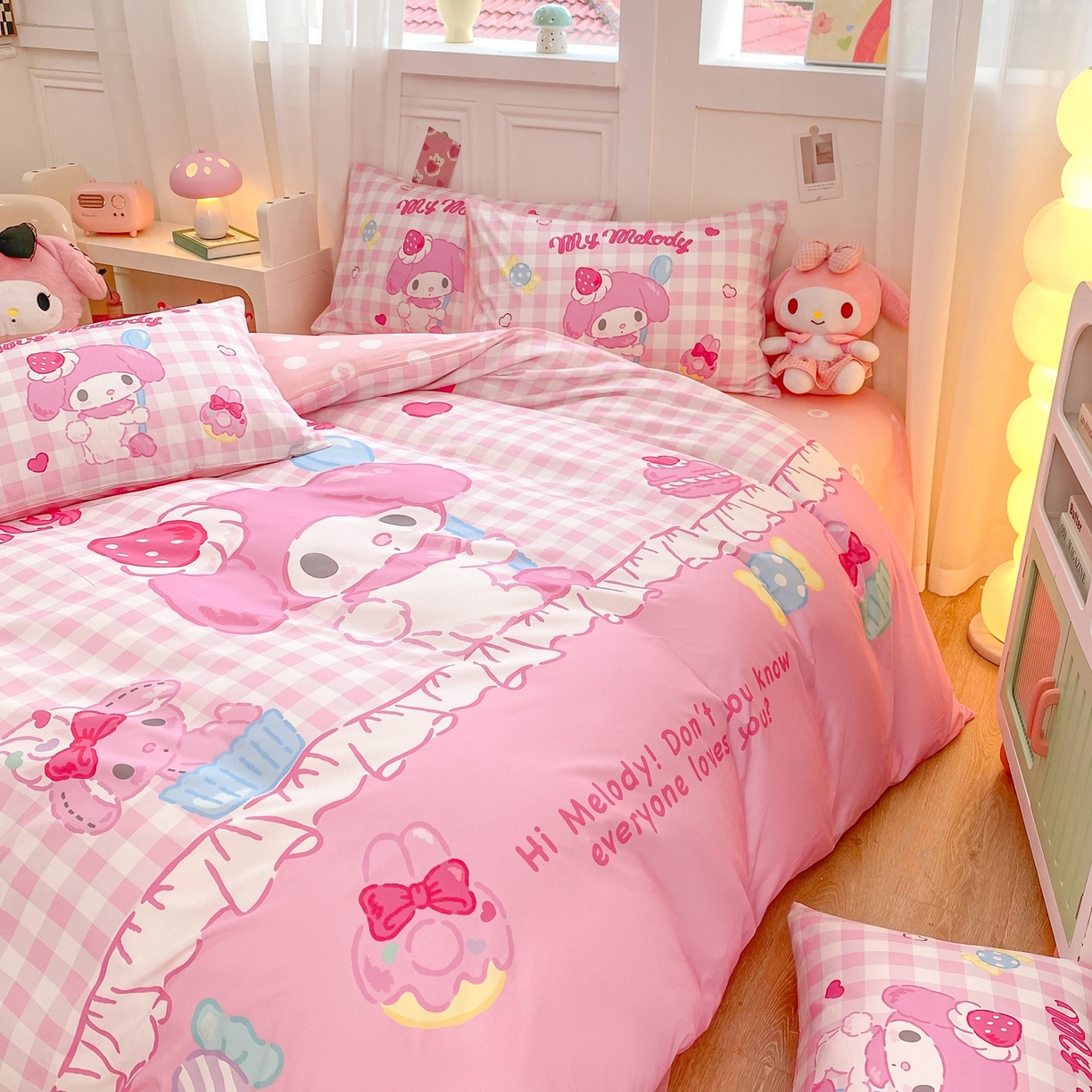 91家纺网 家纺一手货源 找家纺 博雅 2026春夏新款三丽鸥新花型全棉纯棉大版印花四件套 马卡龙美乐蒂