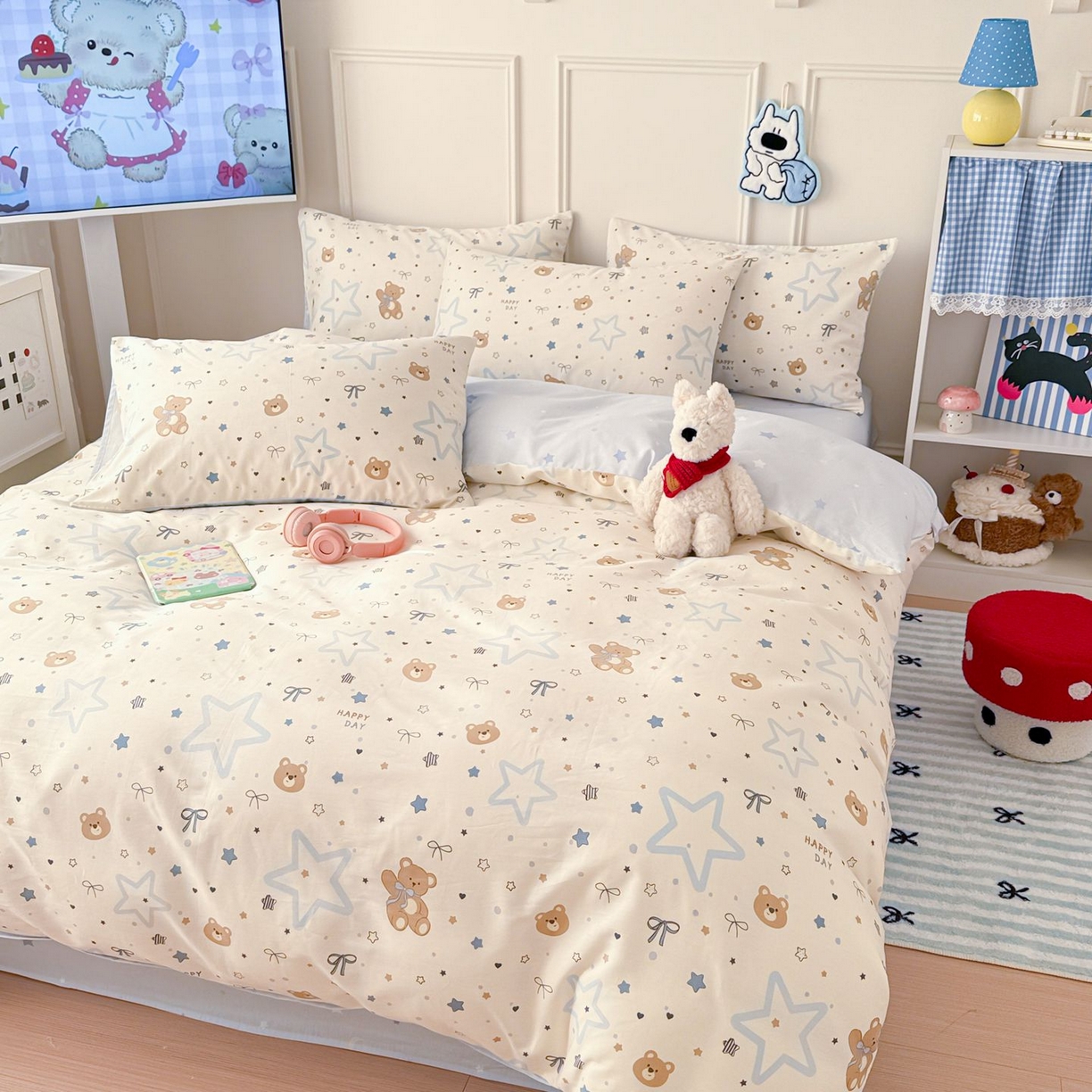 91家纺网 家纺一手货源 找家纺 女子家纺 2026新款全棉12868卡通印花四件套大耳朵兔兔系列 星愿熊