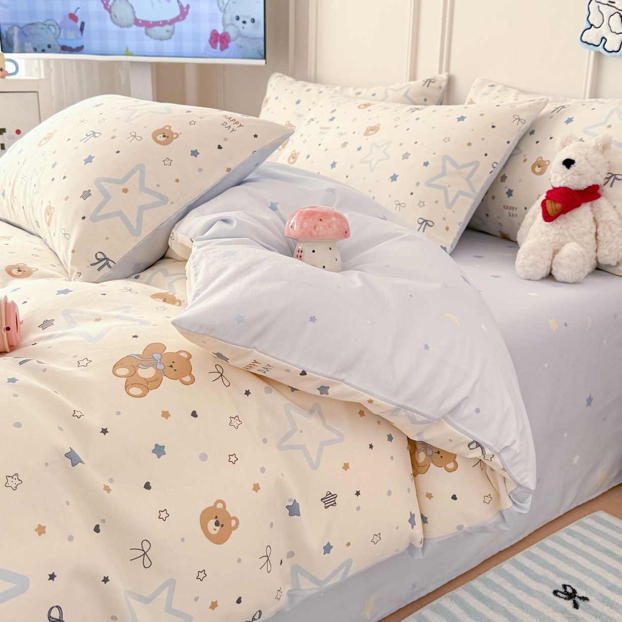 91家纺网 家纺一手货源 找家纺 女子家纺 2026新款全棉12868卡通印花四件套大耳朵兔兔系列 星愿熊