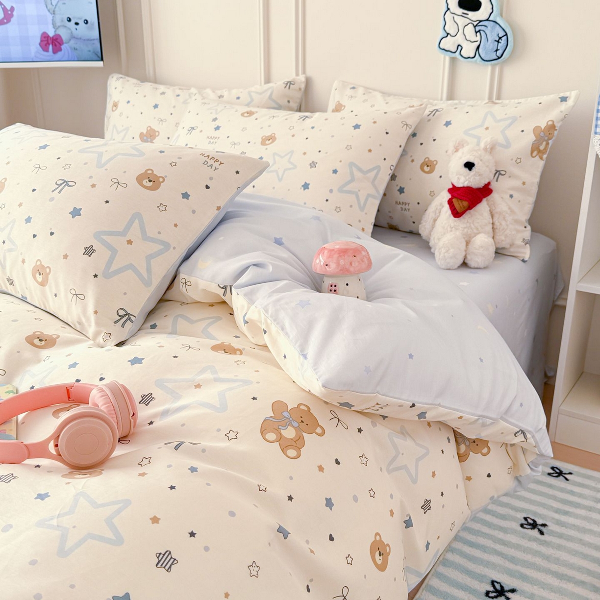 91家纺网 家纺一手货源 找家纺 女子家纺 2026新款全棉12868卡通印花四件套大耳朵兔兔系列 星愿熊