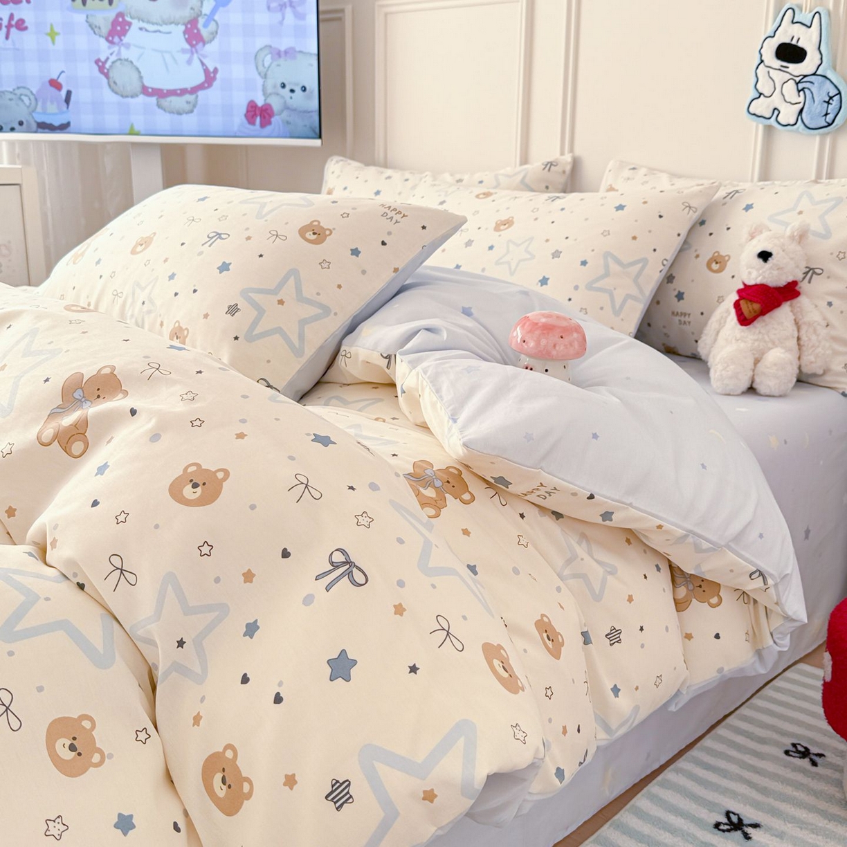 91家纺网 家纺一手货源 找家纺 女子家纺 2026新款全棉12868卡通印花四件套大耳朵兔兔系列 星愿熊