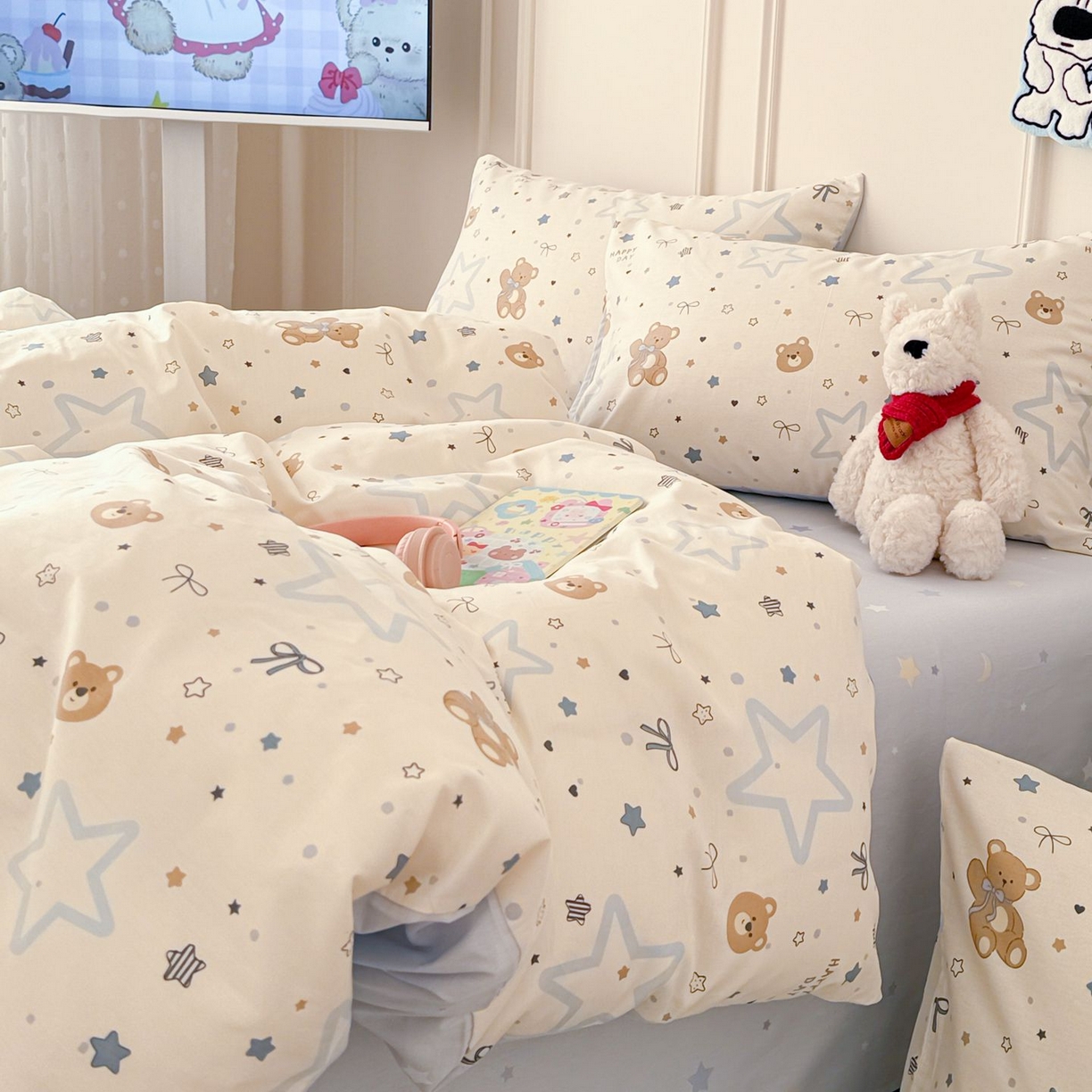 91家纺网 家纺一手货源 找家纺 女子家纺 2026新款全棉12868卡通印花四件套大耳朵兔兔系列 星愿熊