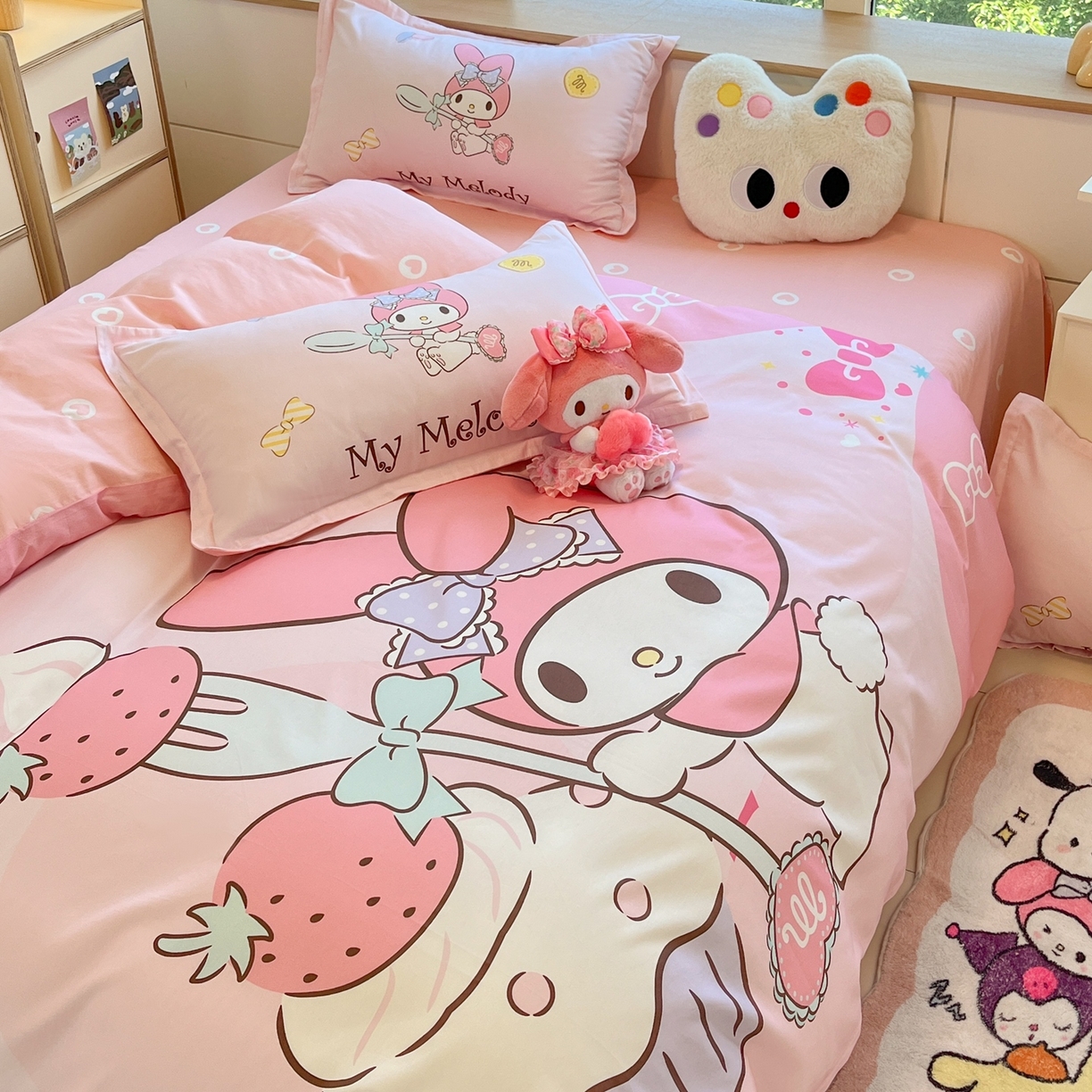 91家纺网 家纺一手货源 找家纺 博雅 2026春夏新款三丽鸥新花型全棉纯棉大版印花四件套 全棉大版（升级款信封枕）蛋糕美乐蒂