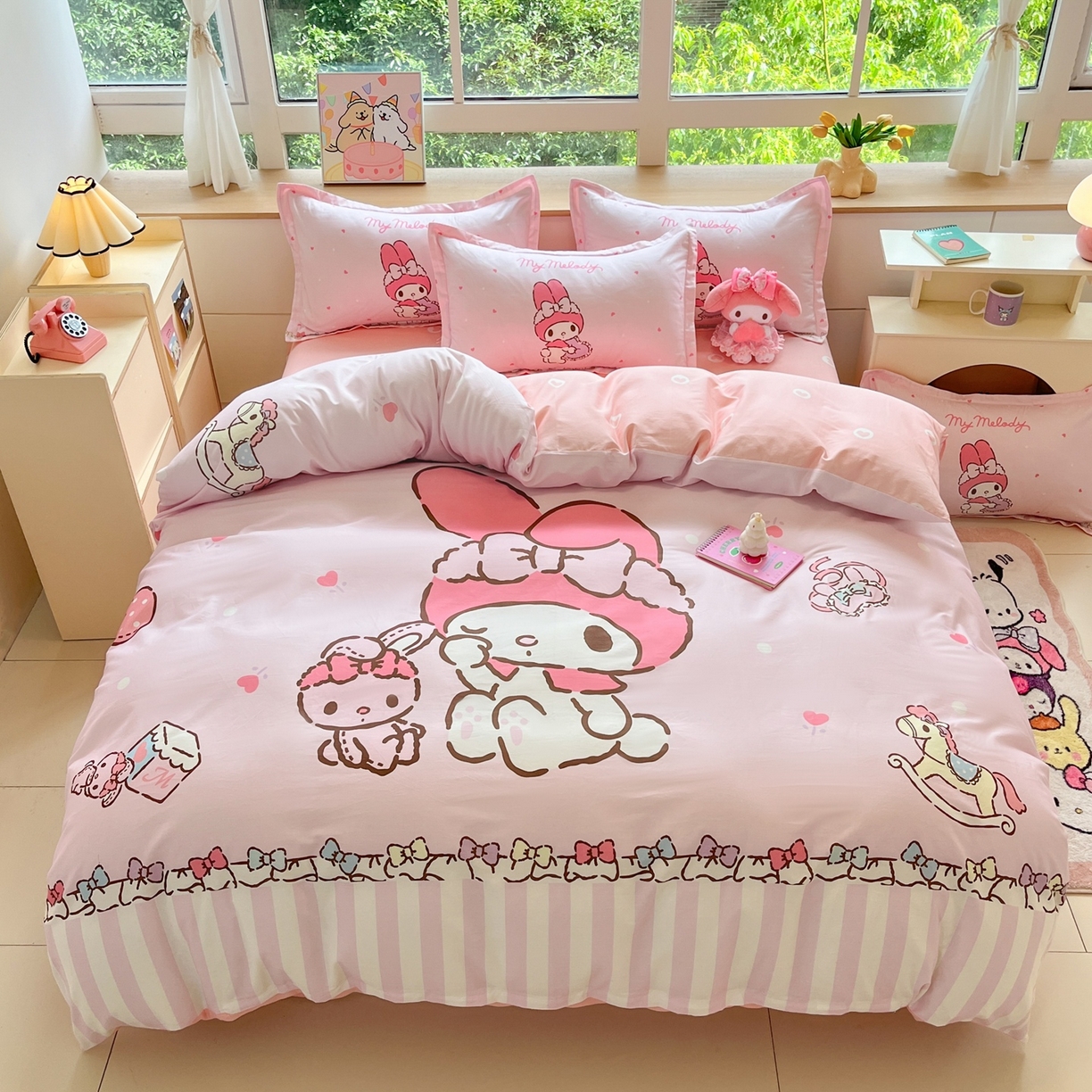 91家纺网 家纺一手货源 找家纺 博雅 2026春夏新款三丽鸥新花型全棉纯棉大版印花四件套 全棉大版（升级款信封枕）木马美乐蒂