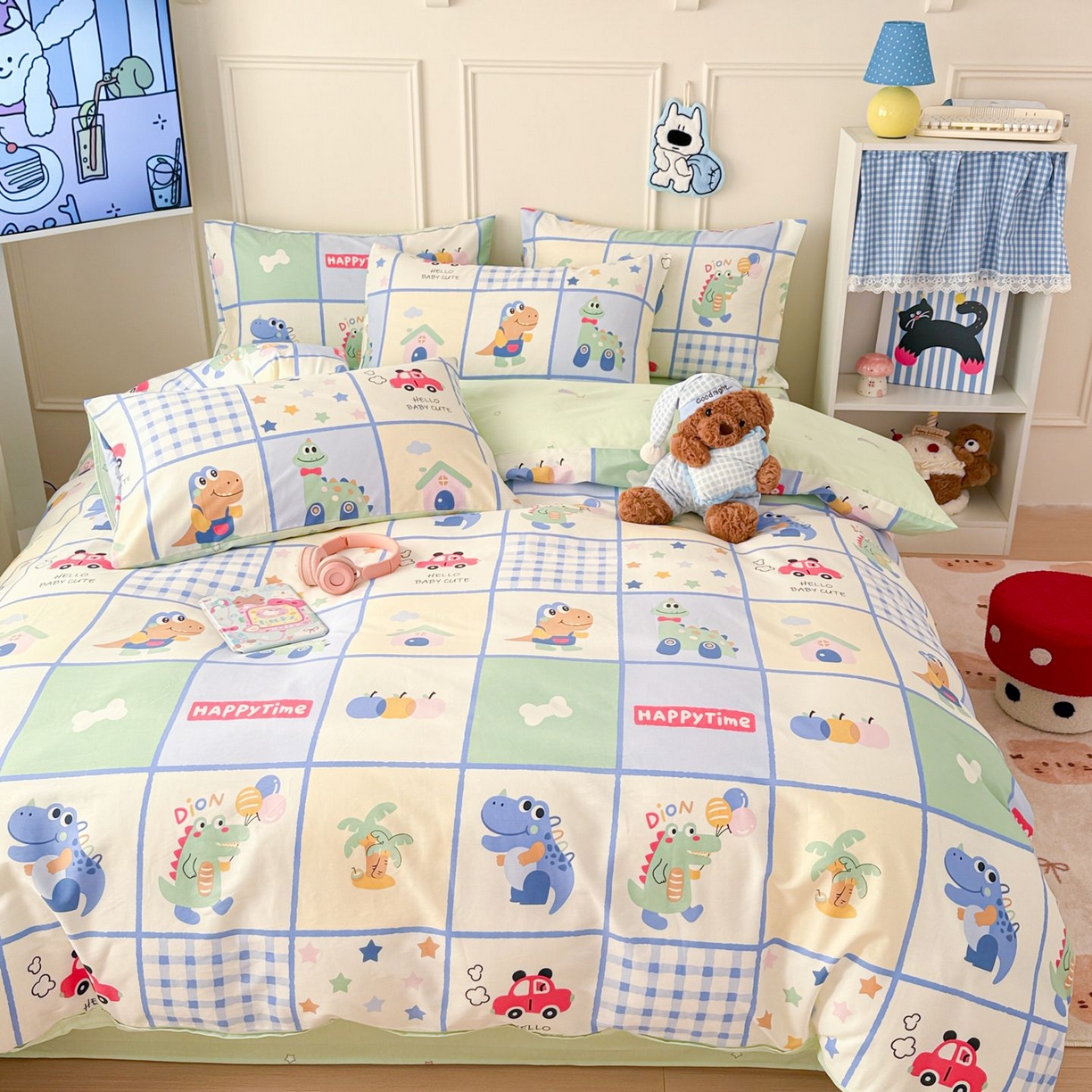 91家纺网 家纺一手货源 找家纺 女子家纺 2026新款全棉12868卡通印花四件套大耳朵兔兔系列 元气恐龙格