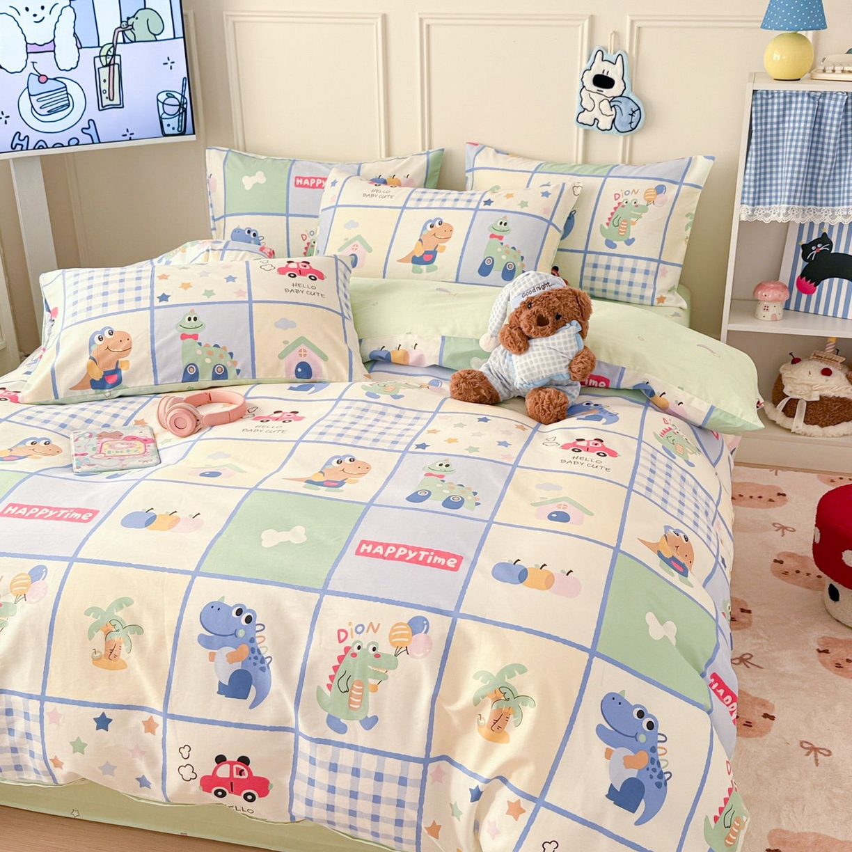 91家纺网 家纺一手货源 找家纺 女子家纺 2026新款全棉12868卡通印花四件套大耳朵兔兔系列 元气恐龙格