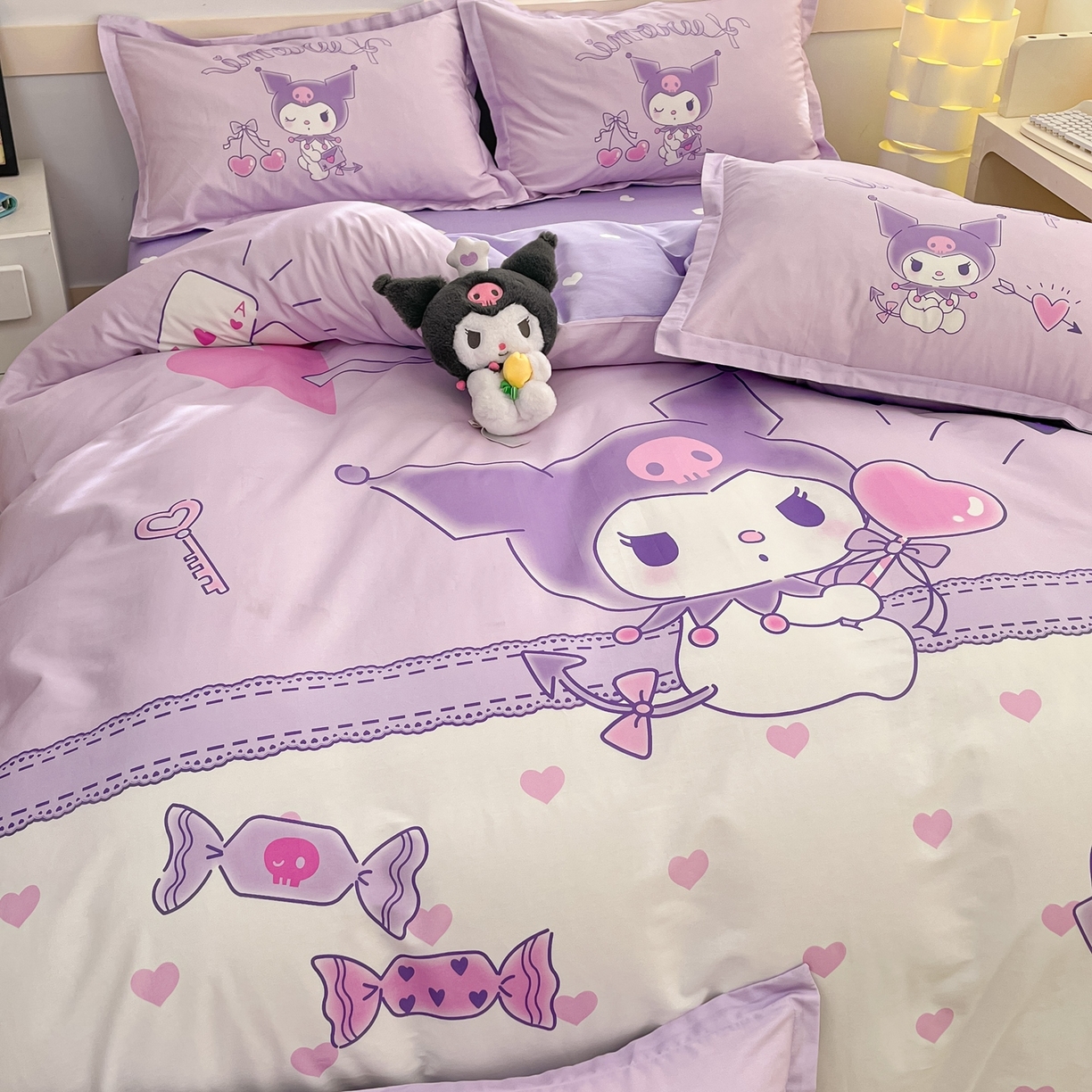 91家纺网 家纺一手货源 找家纺 博雅 2026春夏新款三丽鸥新花型全棉纯棉大版印花四件套 全棉大版（升级款信封枕）气球库洛米