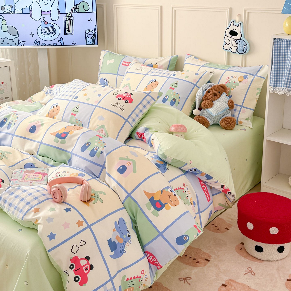 91家纺网 家纺一手货源 找家纺 女子家纺 2026新款全棉12868卡通印花四件套大耳朵兔兔系列 元气恐龙格