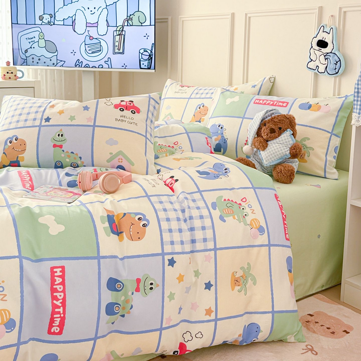 91家纺网 家纺一手货源 找家纺 女子家纺 2026新款全棉12868卡通印花四件套大耳朵兔兔系列 元气恐龙格