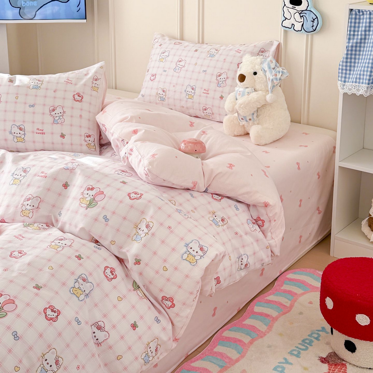 91家纺网 家纺一手货源 找家纺 女子家纺 2026新款全棉12868卡通印花四件套大耳朵兔兔系列 hello粉猫