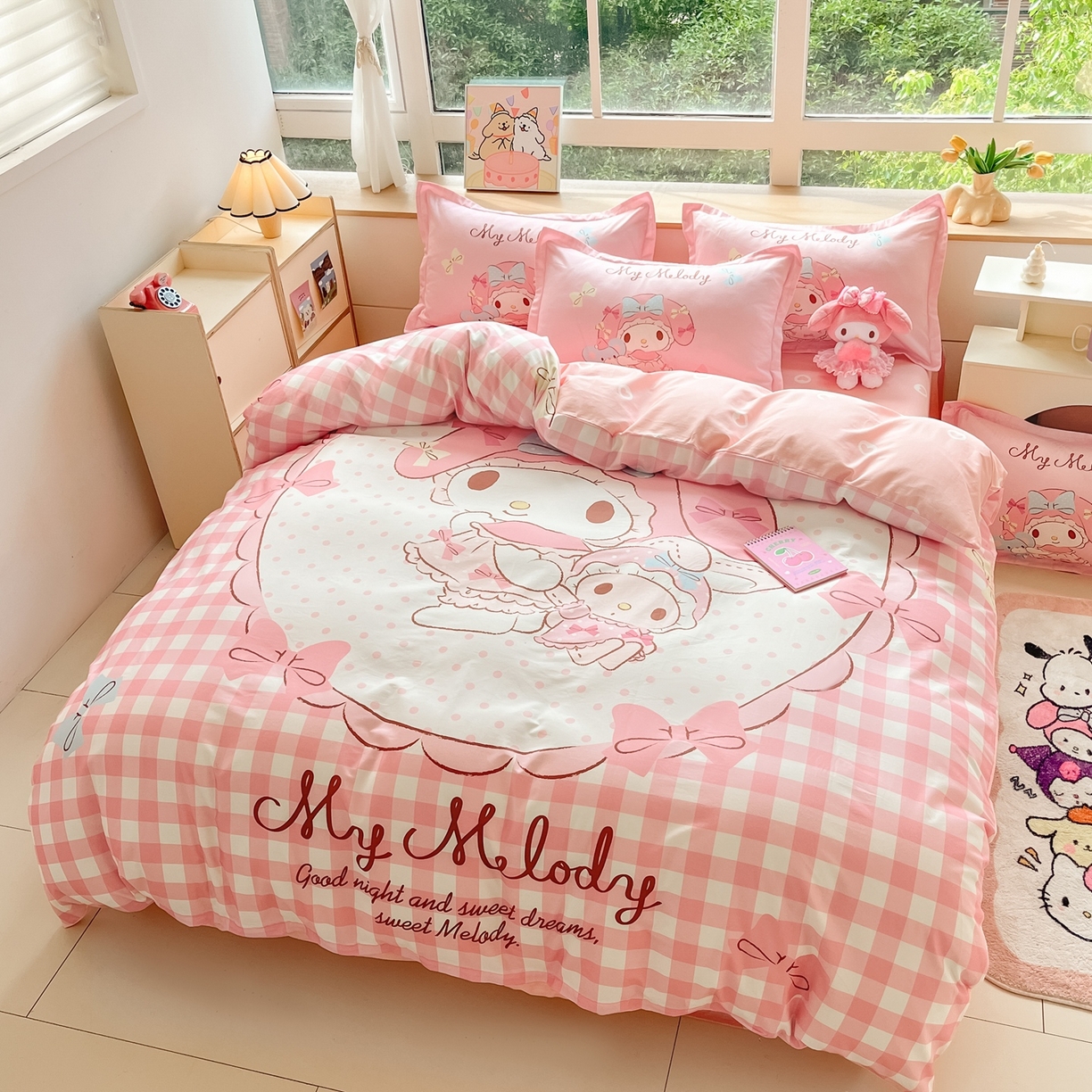 91家纺网 家纺一手货源 找家纺 博雅 2026春夏新款三丽鸥新花型全棉纯棉大版印花四件套 全棉大版（升级款信封枕）玩偶美乐蒂