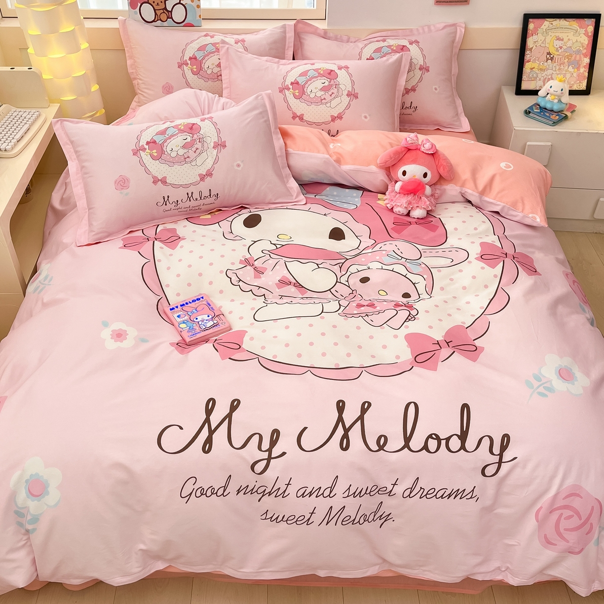 91家纺网 家纺一手货源 找家纺 博雅 2026春夏新款三丽鸥新花型全棉纯棉大版印花四件套 全棉大版（升级款信封枕）小花美乐蒂