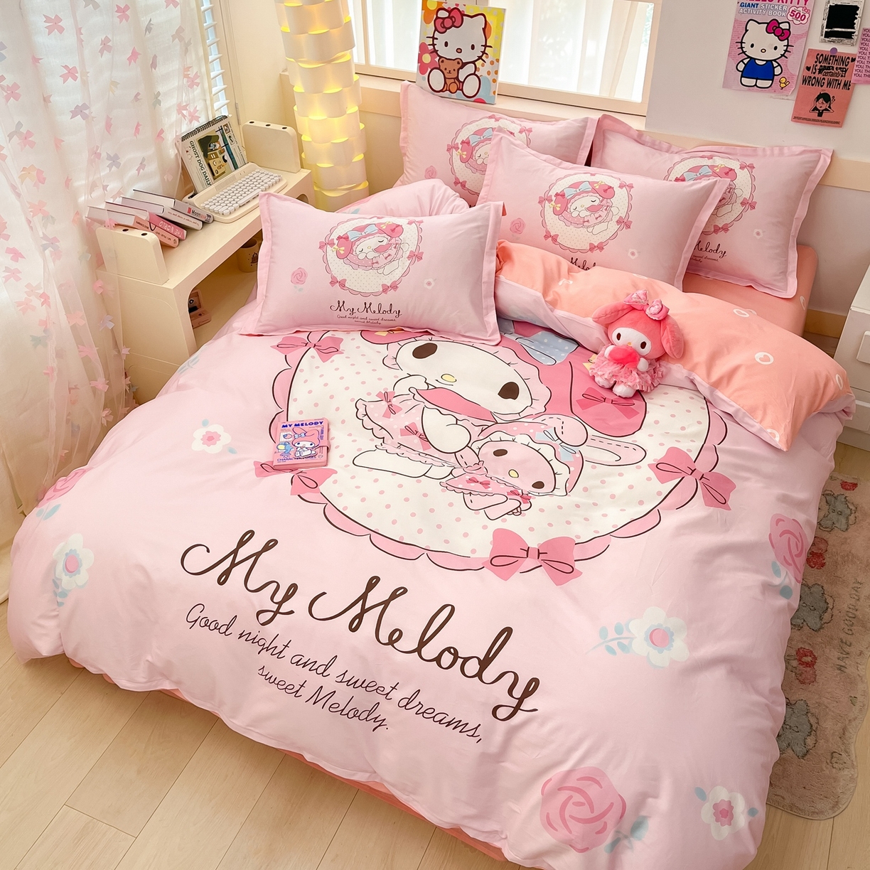 91家纺网 家纺一手货源 找家纺 博雅 2026春夏新款三丽鸥新花型全棉纯棉大版印花四件套 全棉大版（升级款信封枕）小花美乐蒂