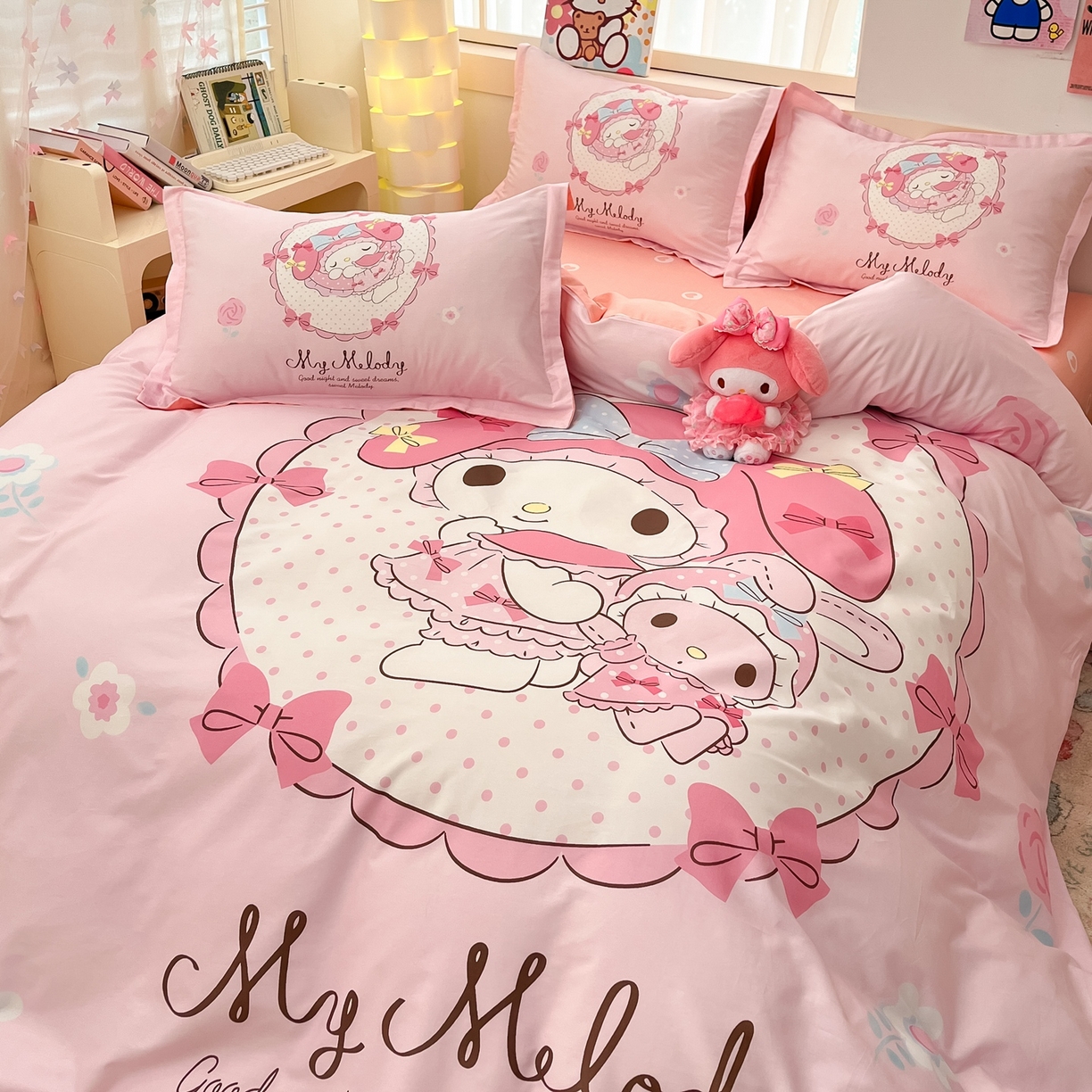 91家纺网 家纺一手货源 找家纺 博雅 2026春夏新款三丽鸥新花型全棉纯棉大版印花四件套 全棉大版（升级款信封枕）小花美乐蒂