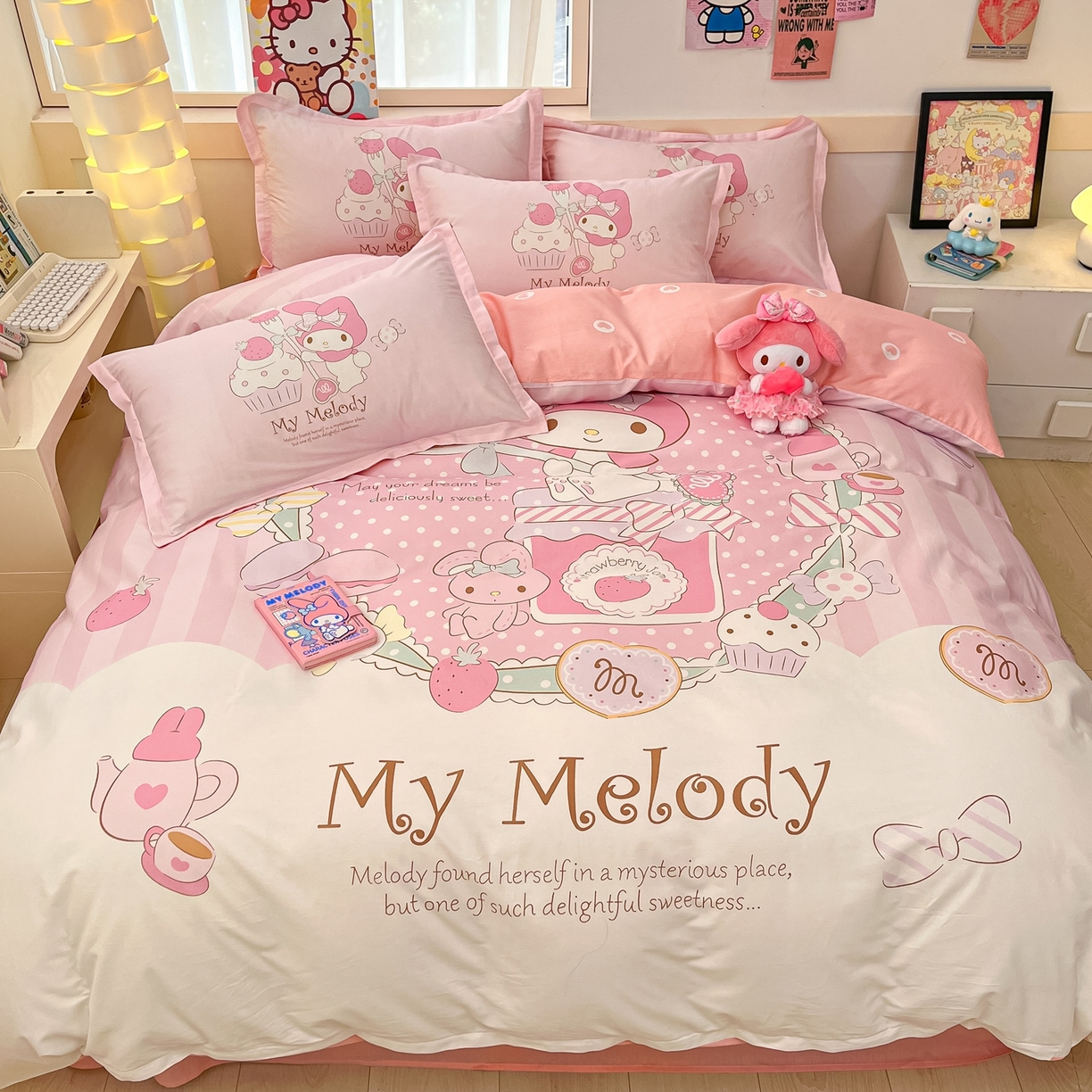 91家纺网 家纺一手货源 找家纺 博雅 2026春夏新款三丽鸥新花型全棉纯棉大版印花四件套 全棉大版（升级款信封枕）音乐美乐蒂