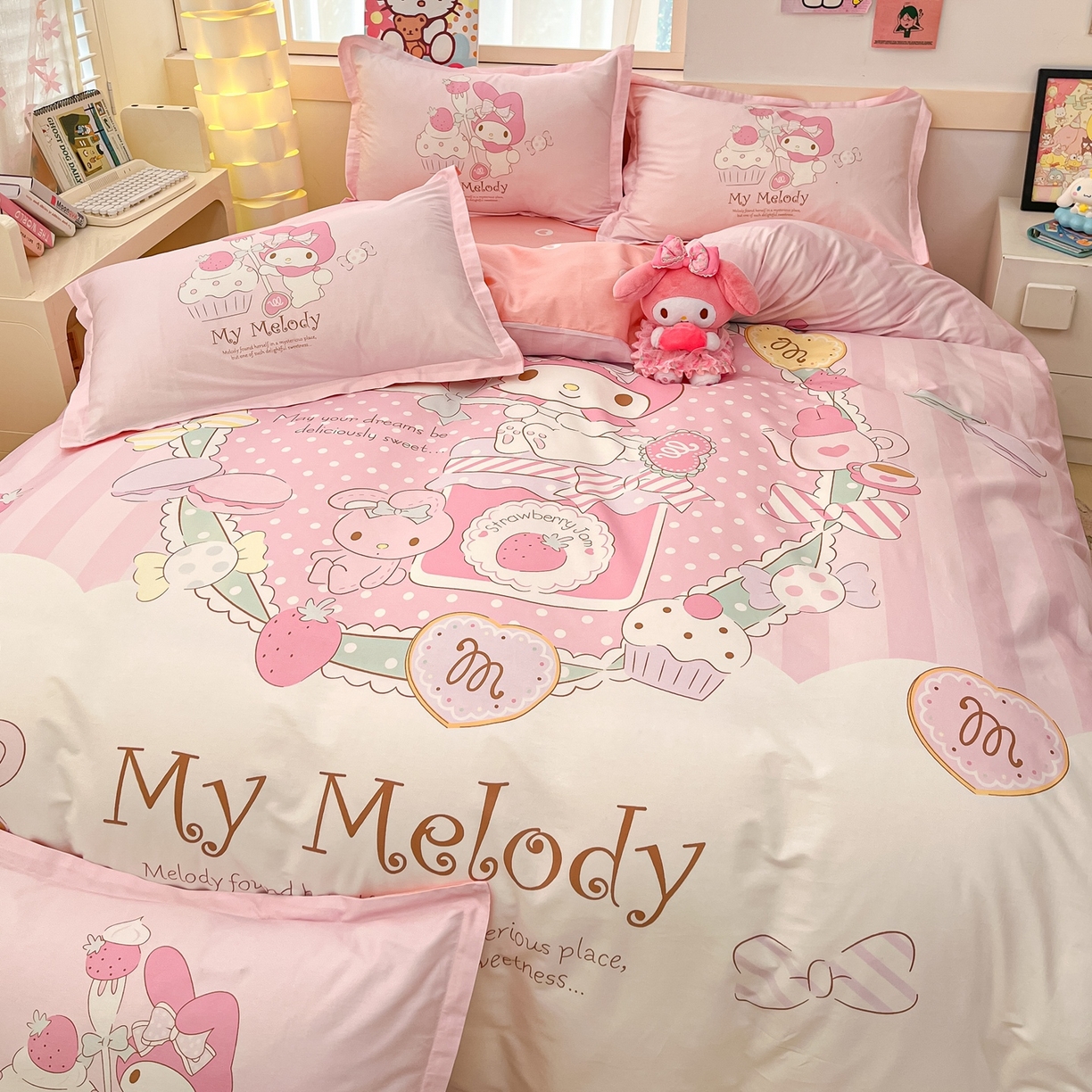 91家纺网 家纺一手货源 找家纺 博雅 2026春夏新款三丽鸥新花型全棉纯棉大版印花四件套 全棉大版（升级款信封枕）音乐美乐蒂