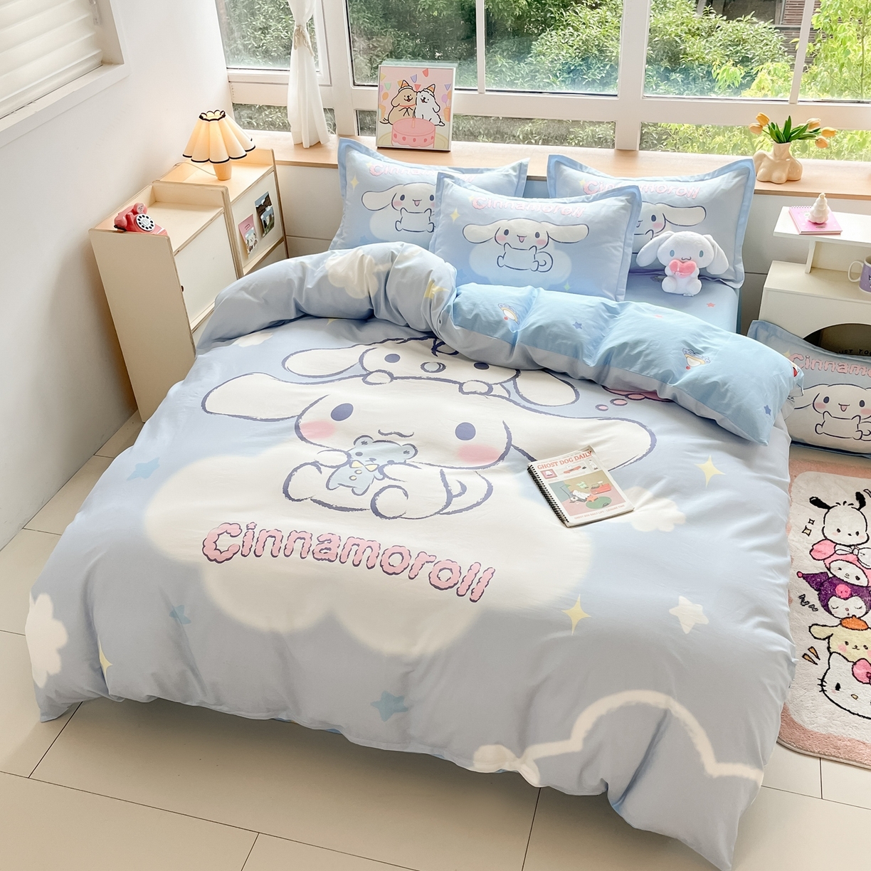 91家纺网 家纺一手货源 找家纺 博雅 2026春夏新款三丽鸥新花型全棉纯棉大版印花四件套 全棉大版（升级款信封枕）云朵玉桂狗