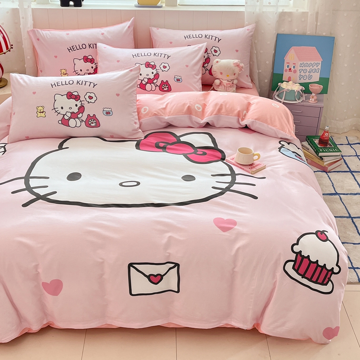 91家纺网 家纺一手货源 找家纺 博雅 2026春夏新款三丽鸥新花型全棉纯棉大版印花四件套 全棉大版-大脸猫kt