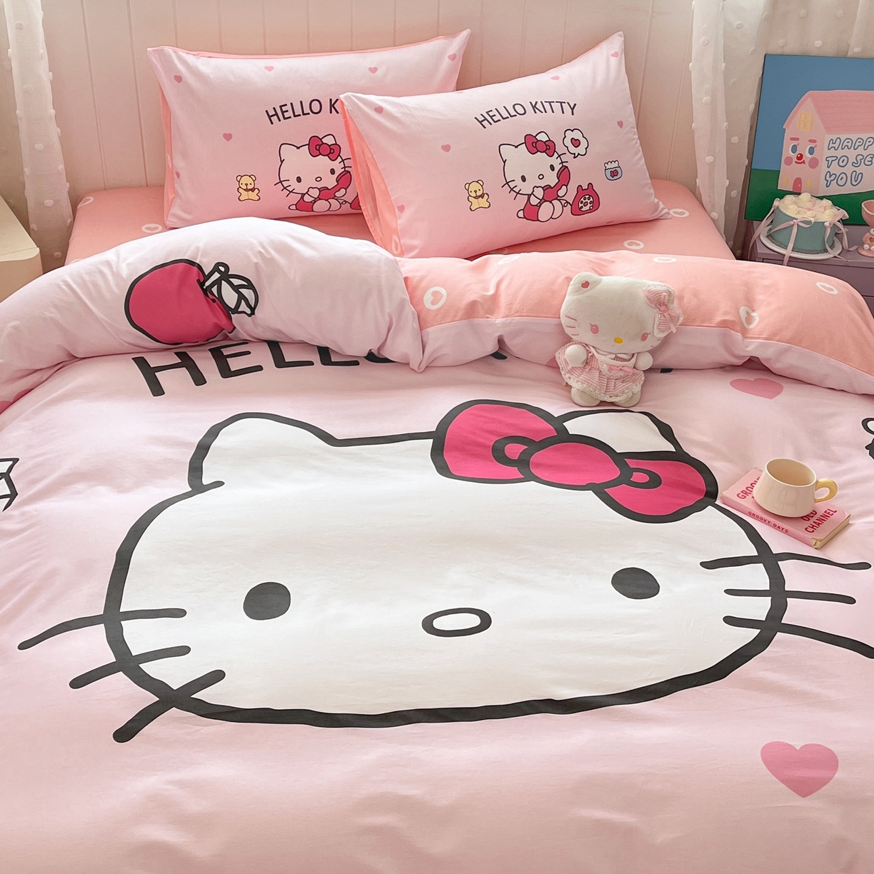 91家纺网 家纺一手货源 找家纺 博雅 2026春夏新款三丽鸥新花型全棉纯棉大版印花四件套 全棉大版-大脸猫kt