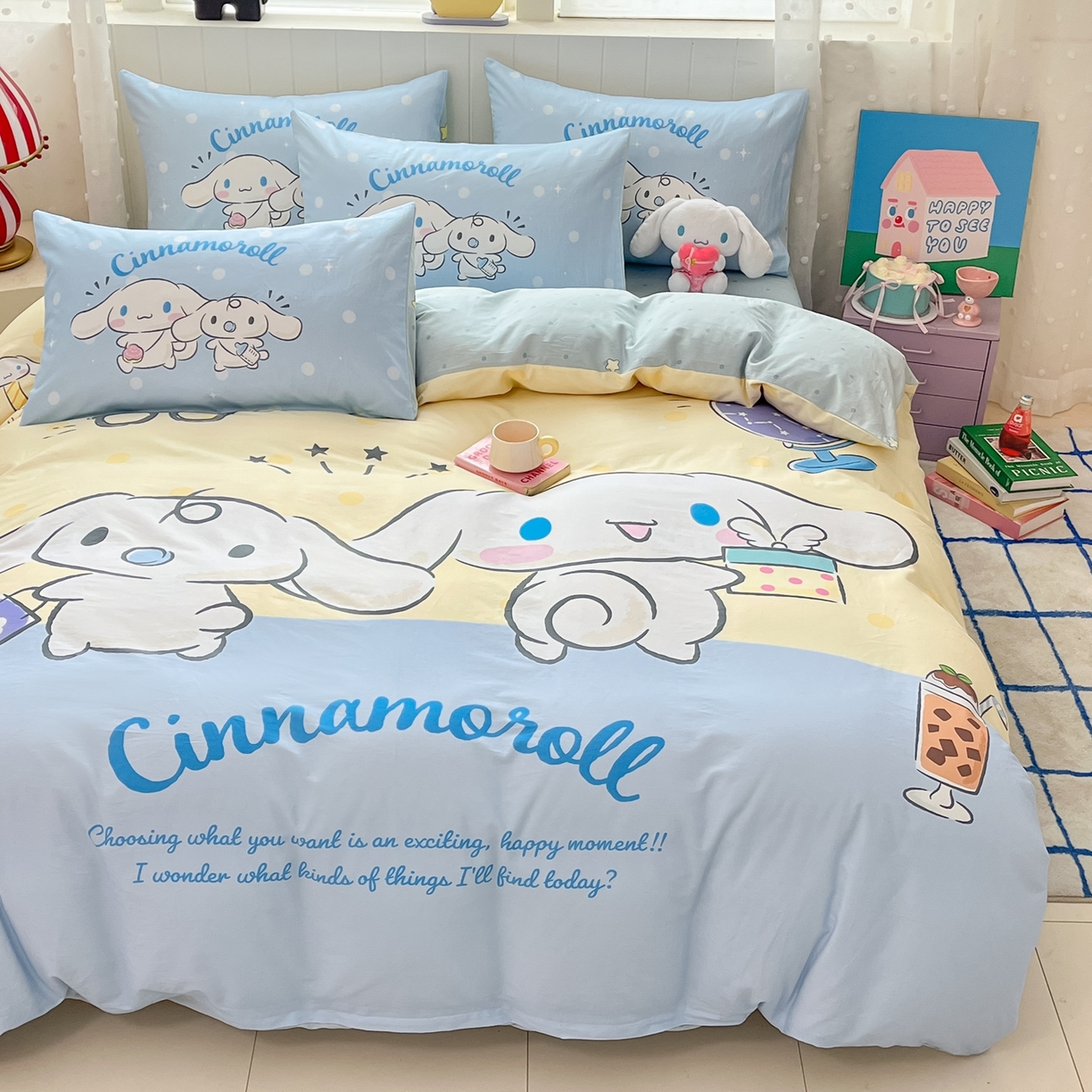 91家纺网 家纺一手货源 找家纺 博雅 2026春夏新款三丽鸥新花型全棉纯棉大版印花四件套 全棉大版-蛋黄玉桂狗