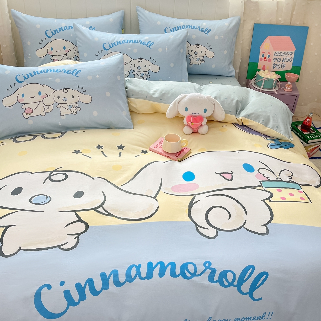 91家纺网 家纺一手货源 找家纺 博雅 2026春夏新款三丽鸥新花型全棉纯棉大版印花四件套 全棉大版-蛋黄玉桂狗