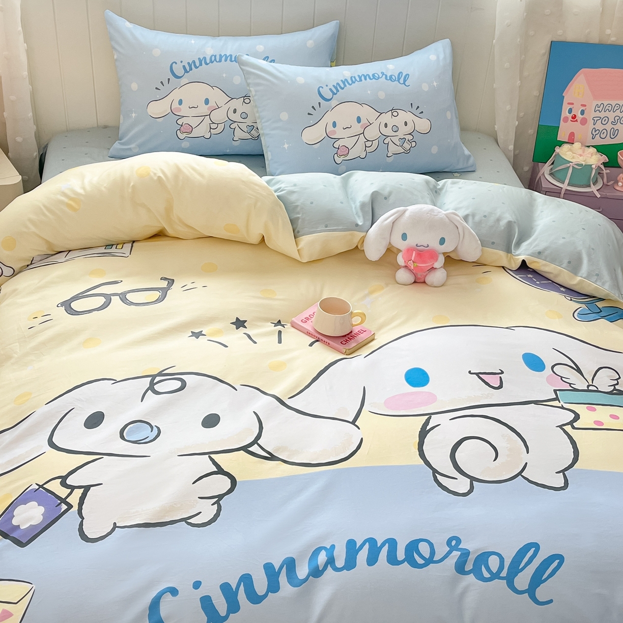 91家纺网 家纺一手货源 找家纺 博雅 2026春夏新款三丽鸥新花型全棉纯棉大版印花四件套 全棉大版-蛋黄玉桂狗