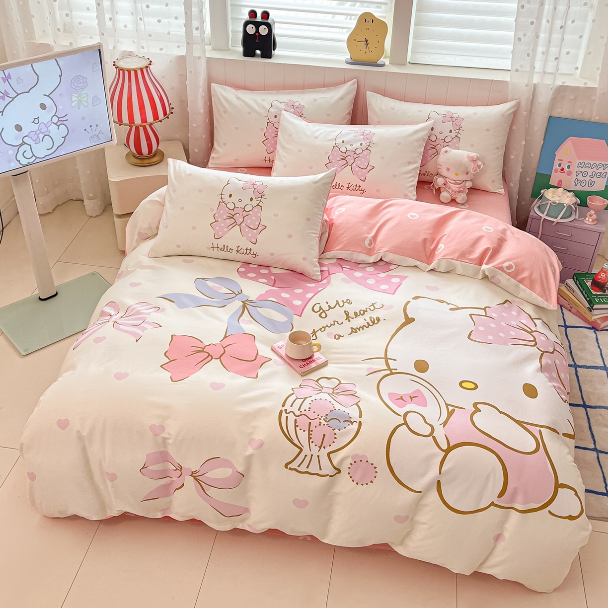 91家纺网 家纺一手货源 找家纺 博雅 2026春夏新款三丽鸥新花型全棉纯棉大版印花四件套 全棉大版-粉粉kt