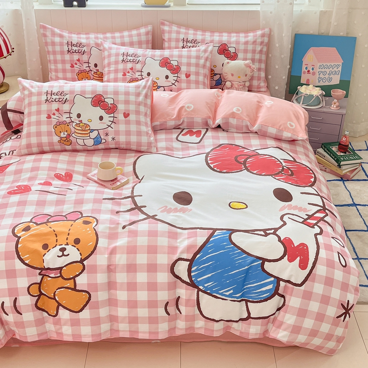 91家纺网 家纺一手货源 找家纺 博雅 2026春夏新款三丽鸥新花型全棉纯棉大版印花四件套 全棉大版-格子kt