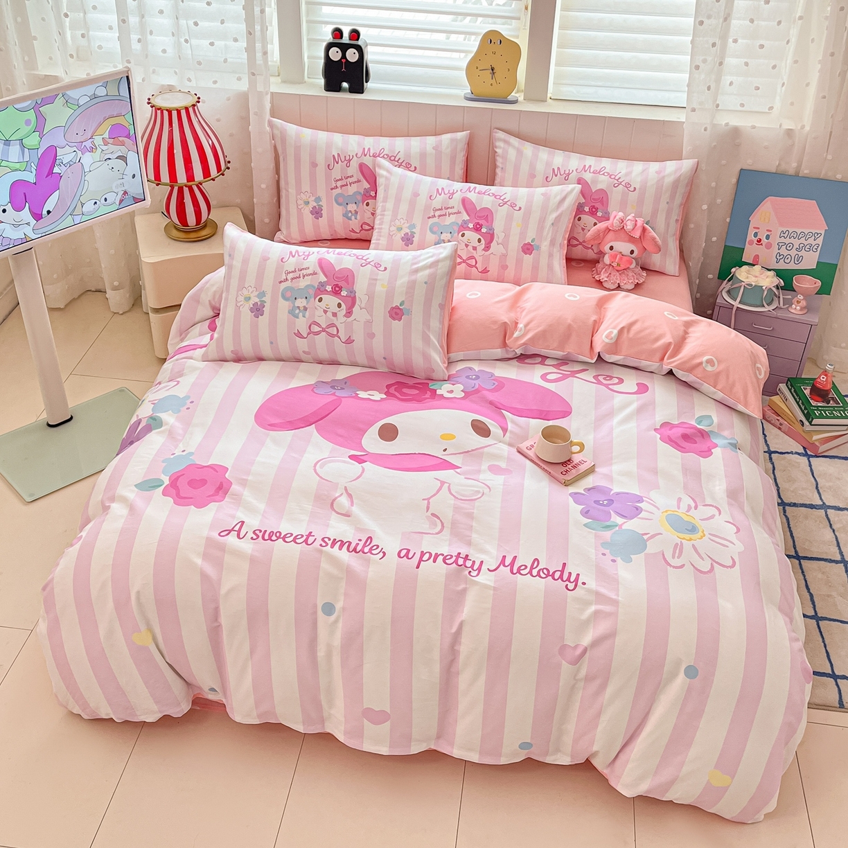 91家纺网 家纺一手货源 找家纺 博雅 2026春夏新款三丽鸥新花型全棉纯棉大版印花四件套 全棉大版-花环美乐蒂