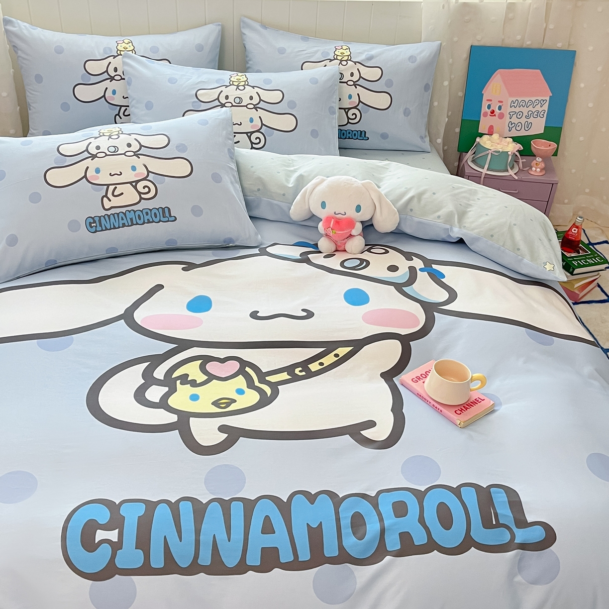 91家纺网 家纺一手货源 找家纺 博雅 2026春夏新款三丽鸥新花型全棉纯棉大版印花四件套 全棉大版-圈圈玉桂狗