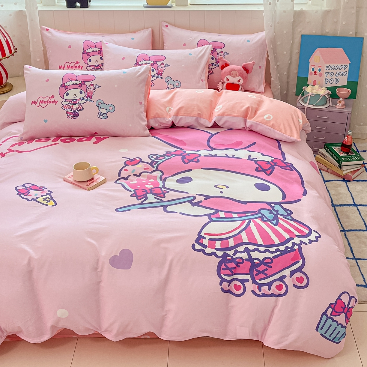 91家纺网 家纺一手货源 找家纺 博雅 2026春夏新款三丽鸥新花型全棉纯棉大版印花四件套 全棉大版-纸杯蛋糕美乐蒂