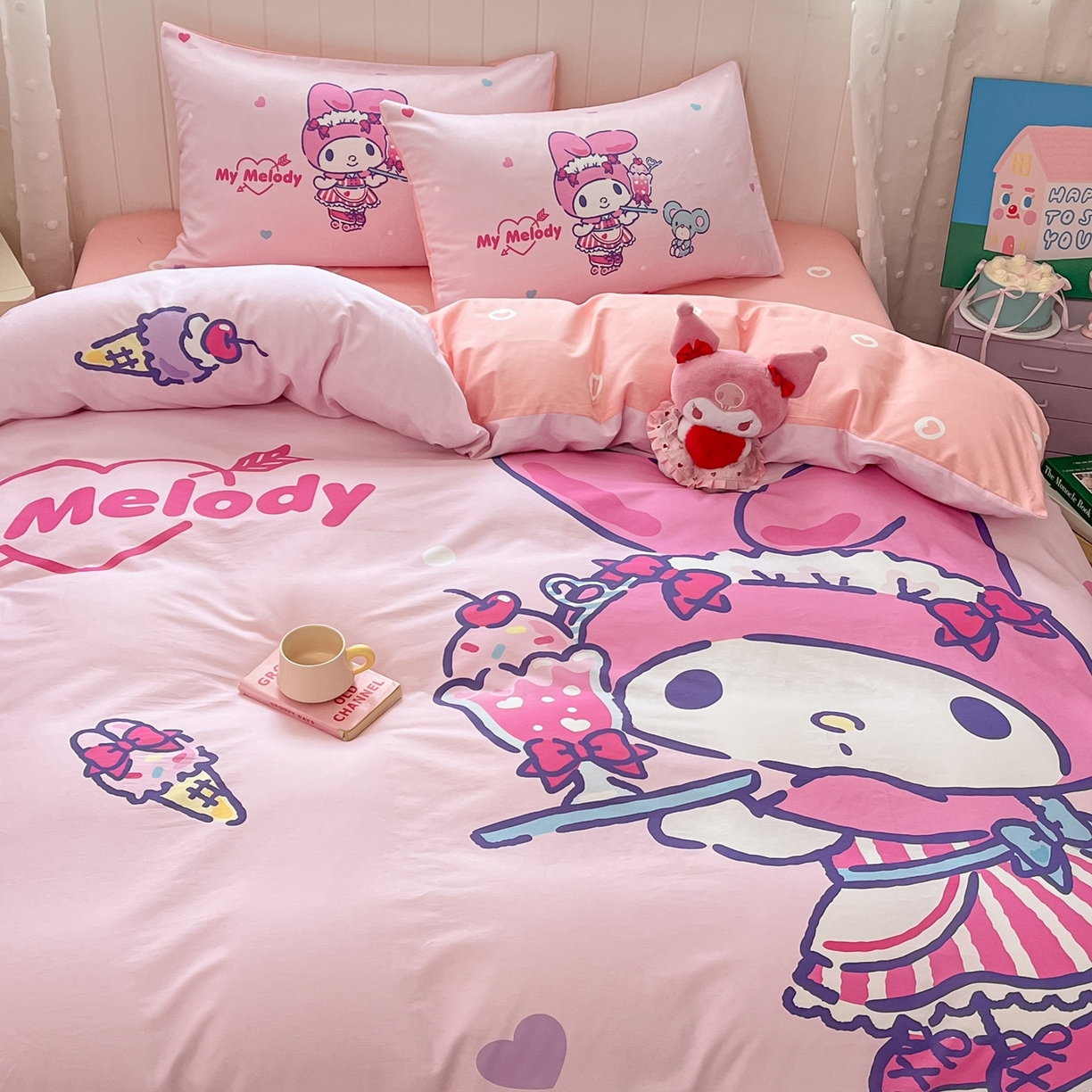 91家纺网 家纺一手货源 找家纺 博雅 2026春夏新款三丽鸥新花型全棉纯棉大版印花四件套 全棉大版-纸杯蛋糕美乐蒂