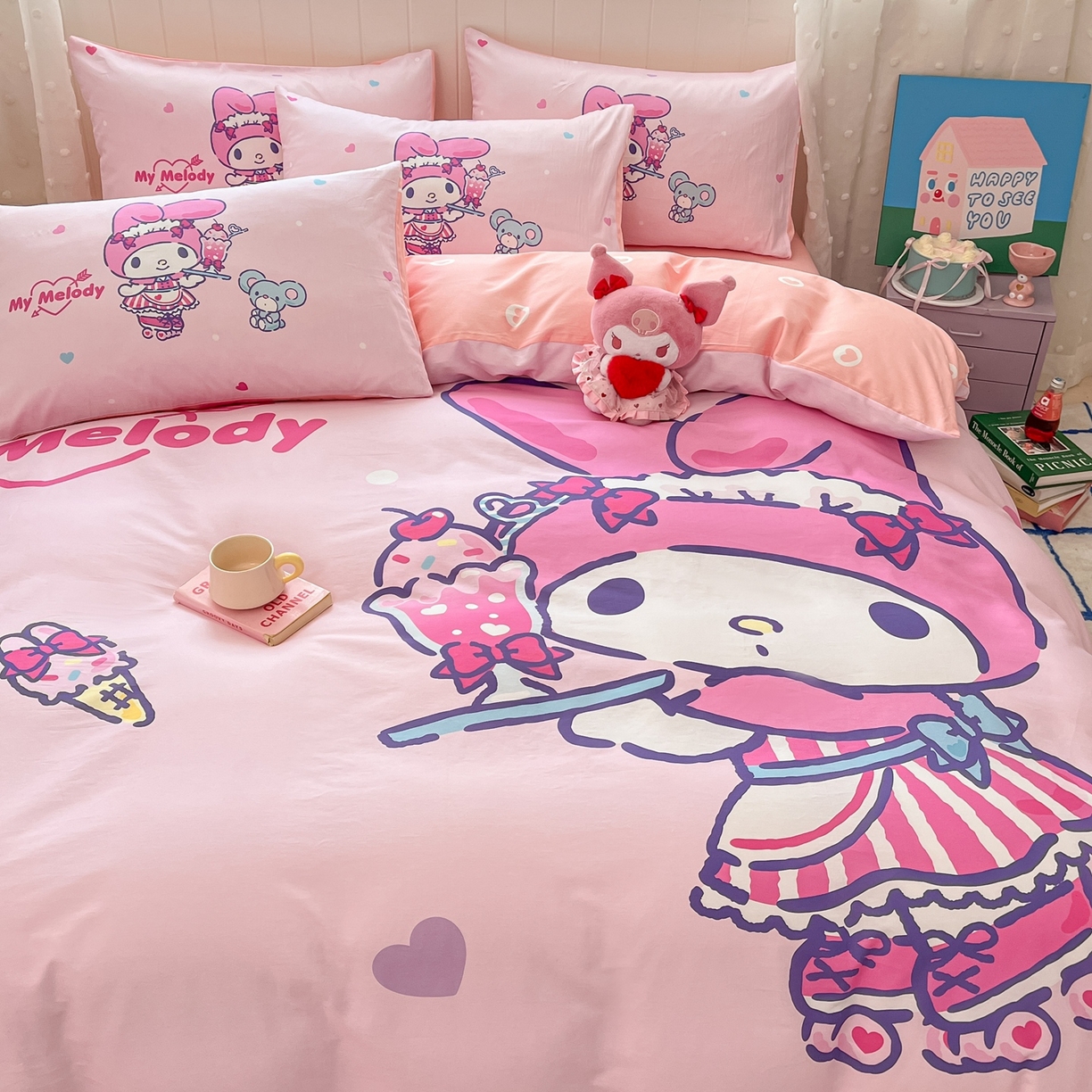 91家纺网 家纺一手货源 找家纺 博雅 2026春夏新款三丽鸥新花型全棉纯棉大版印花四件套 全棉大版-纸杯蛋糕美乐蒂