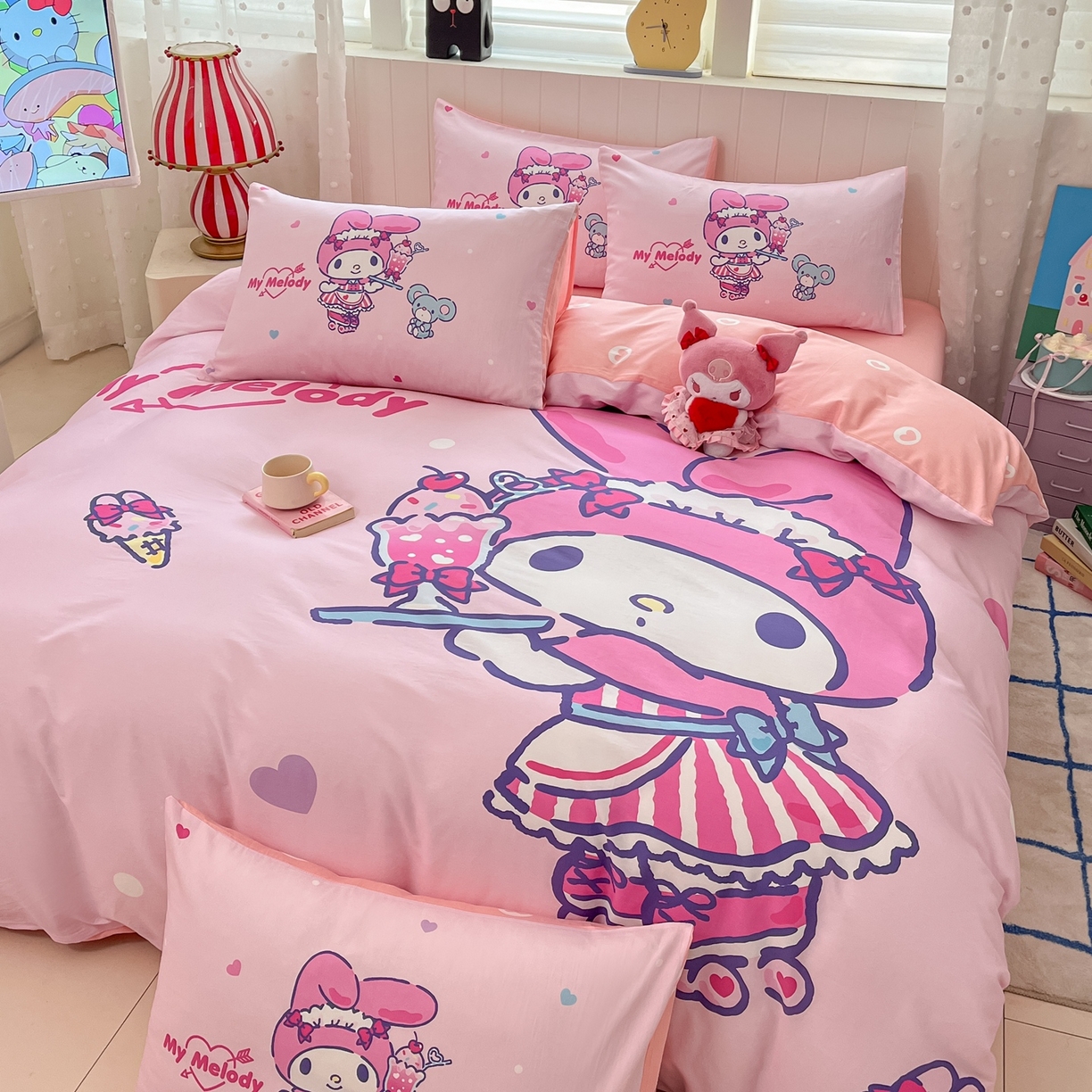 91家纺网 家纺一手货源 找家纺 博雅 2026春夏新款三丽鸥新花型全棉纯棉大版印花四件套 全棉大版-纸杯蛋糕美乐蒂