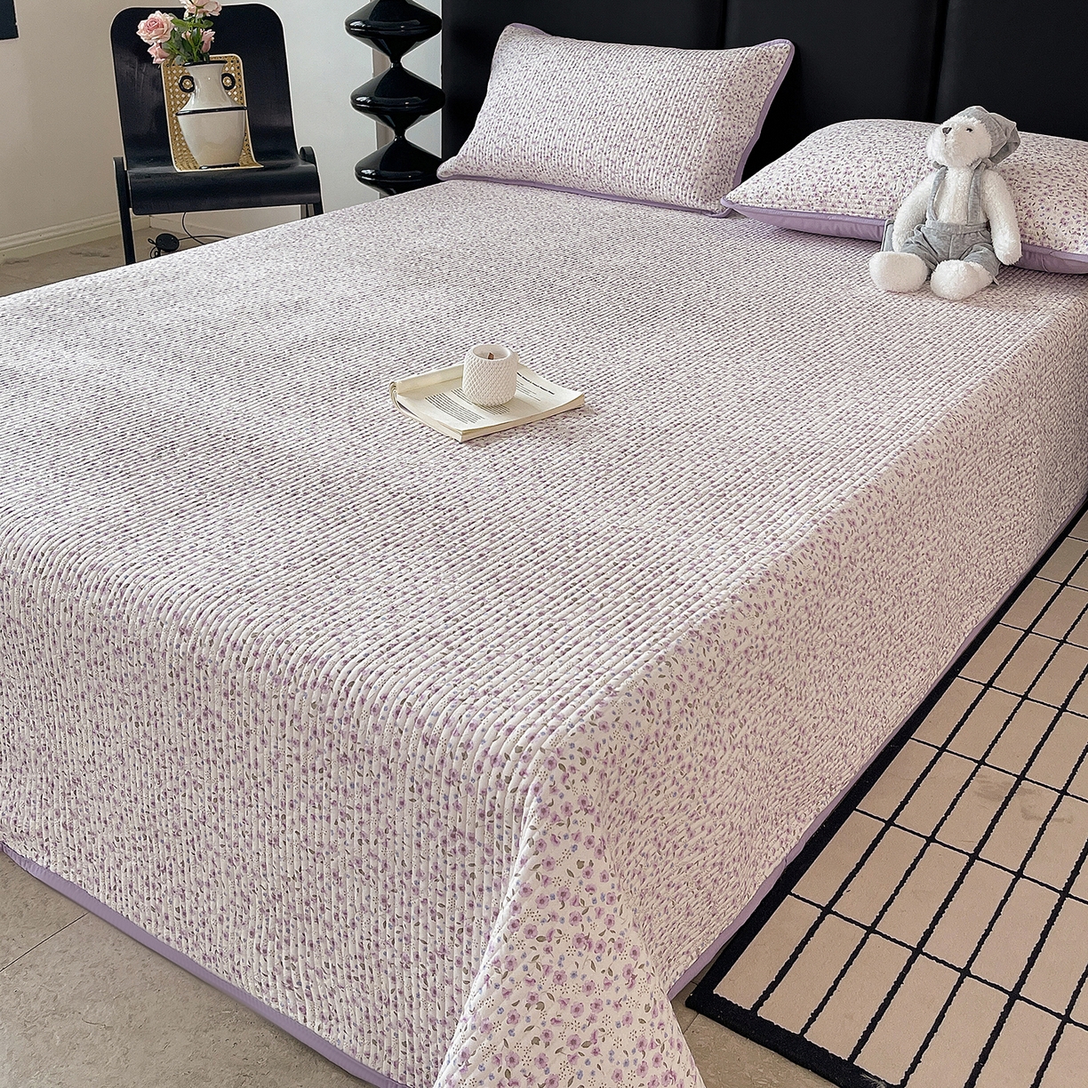 91家纺网 家纺一手货源 找家纺 金丝兔 2026新款复古碎花亲肤水洗棉单床盖仿棉夹棉床盖床盖三件套 荔椿