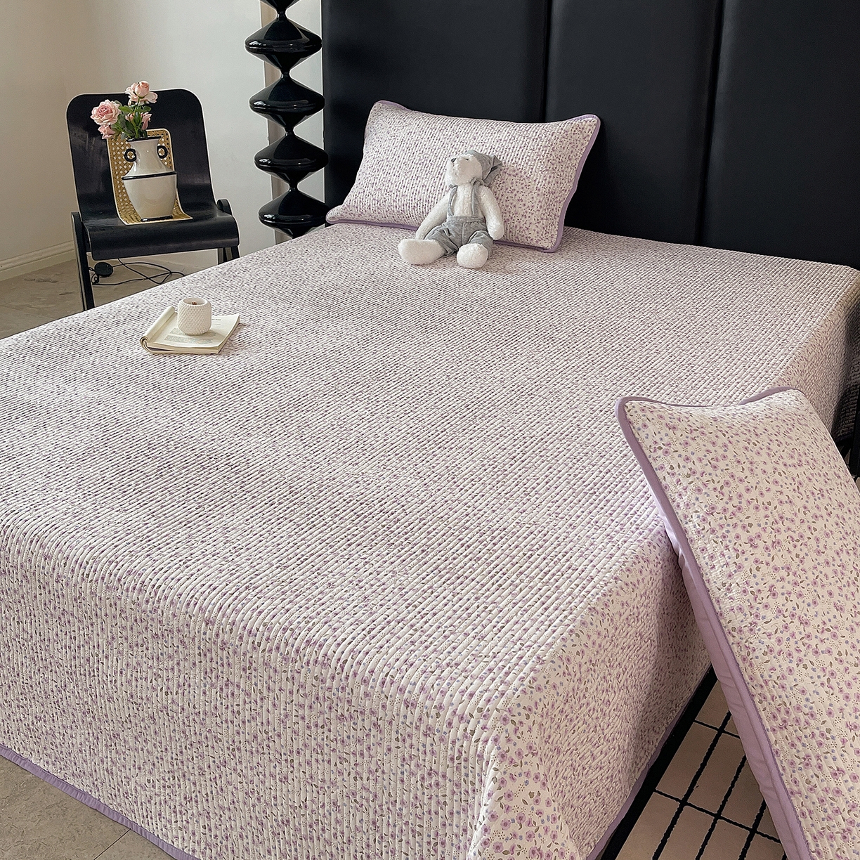 91家纺网 家纺一手货源 找家纺 金丝兔 2026新款复古碎花亲肤水洗棉单床盖仿棉夹棉床盖床盖三件套 荔椿