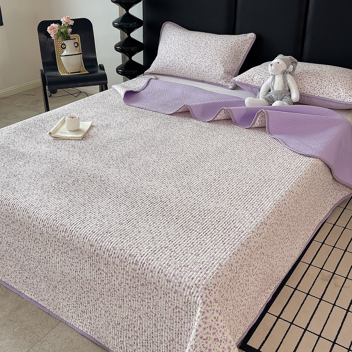 91家纺网 家纺一手货源 找家纺 金丝兔 2026新款复古碎花亲肤水洗棉单床盖仿棉夹棉床盖床盖三件套 荔椿